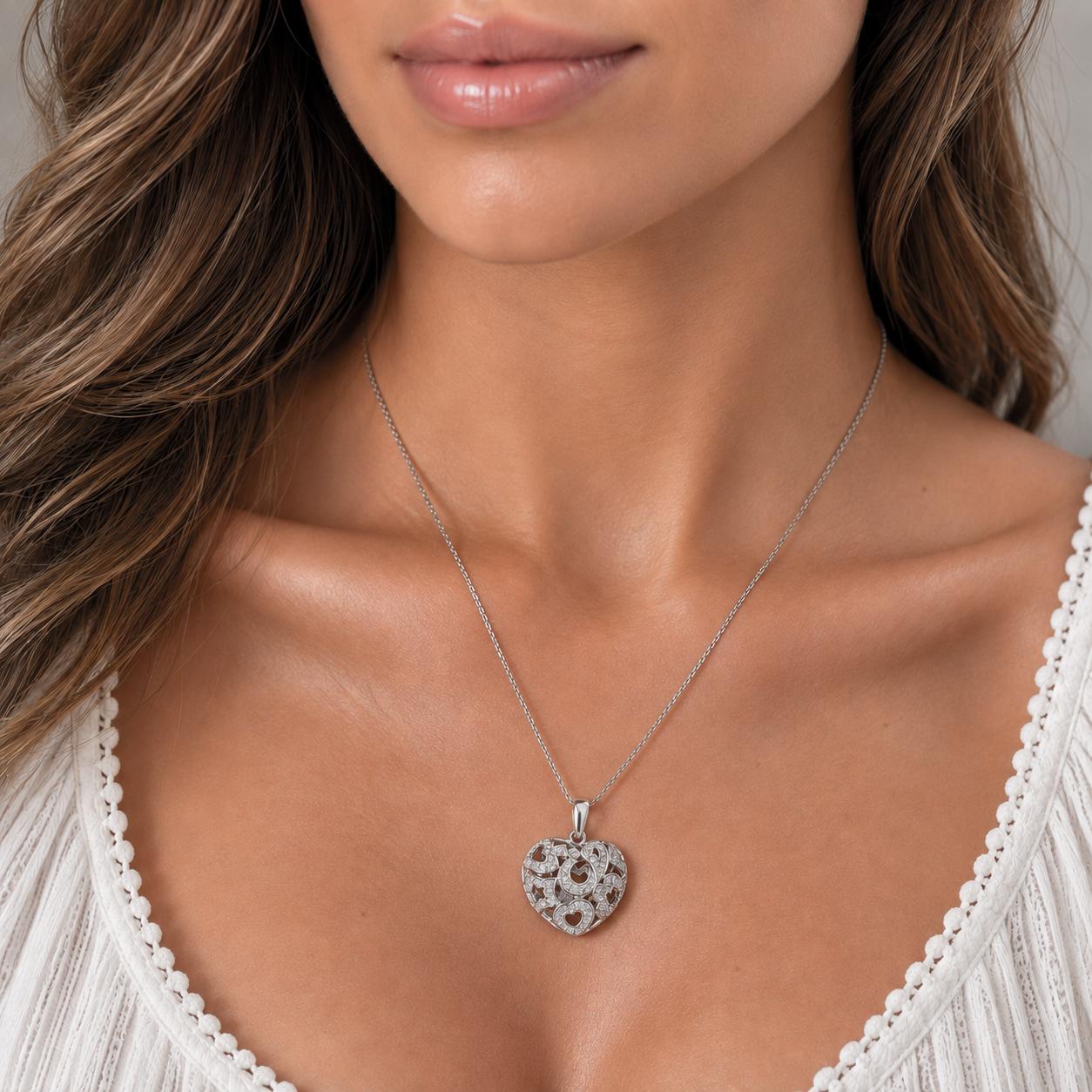 14K White Gold 0.65 CTW Natural Diamond Heart Cluster Pendant