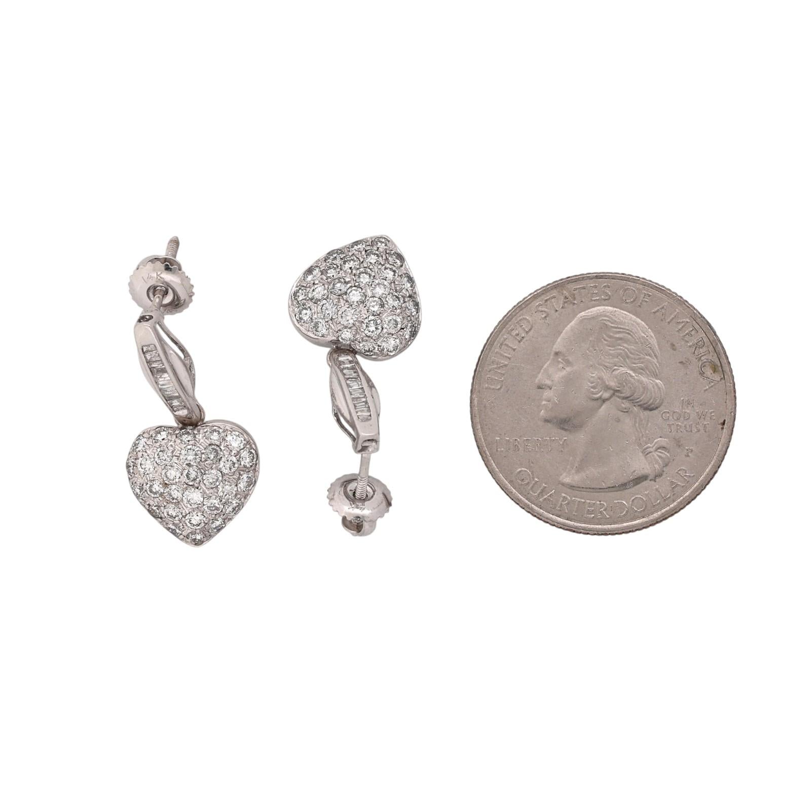 1.35CTW Diamond Heart Drop Dangle Earrings 14K White Gold Baguette Screw Backs