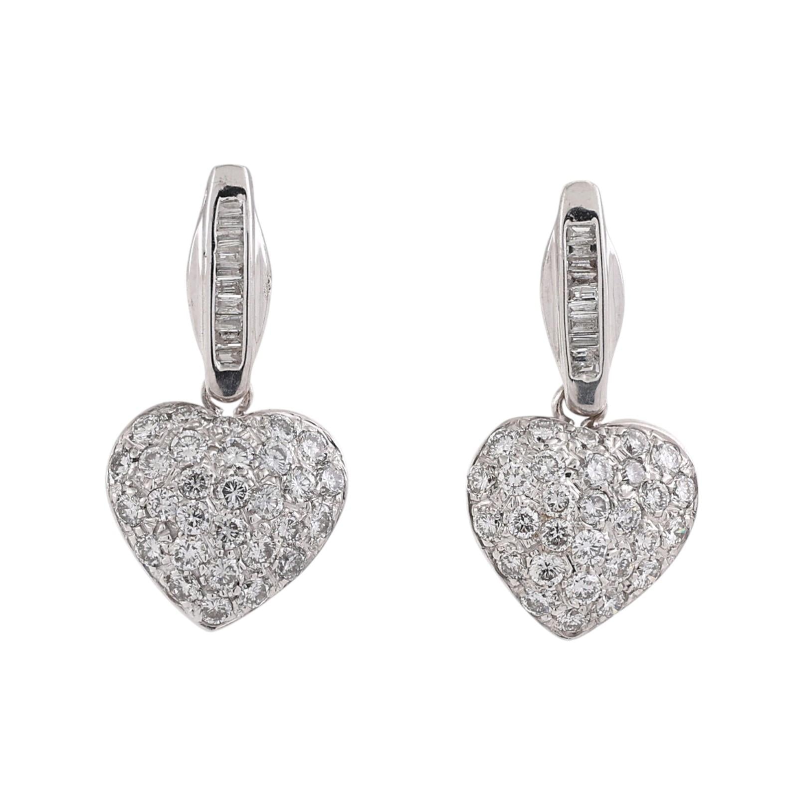 1.35CTW Diamond Heart Drop Dangle Earrings 14K White Gold Baguette Screw Backs