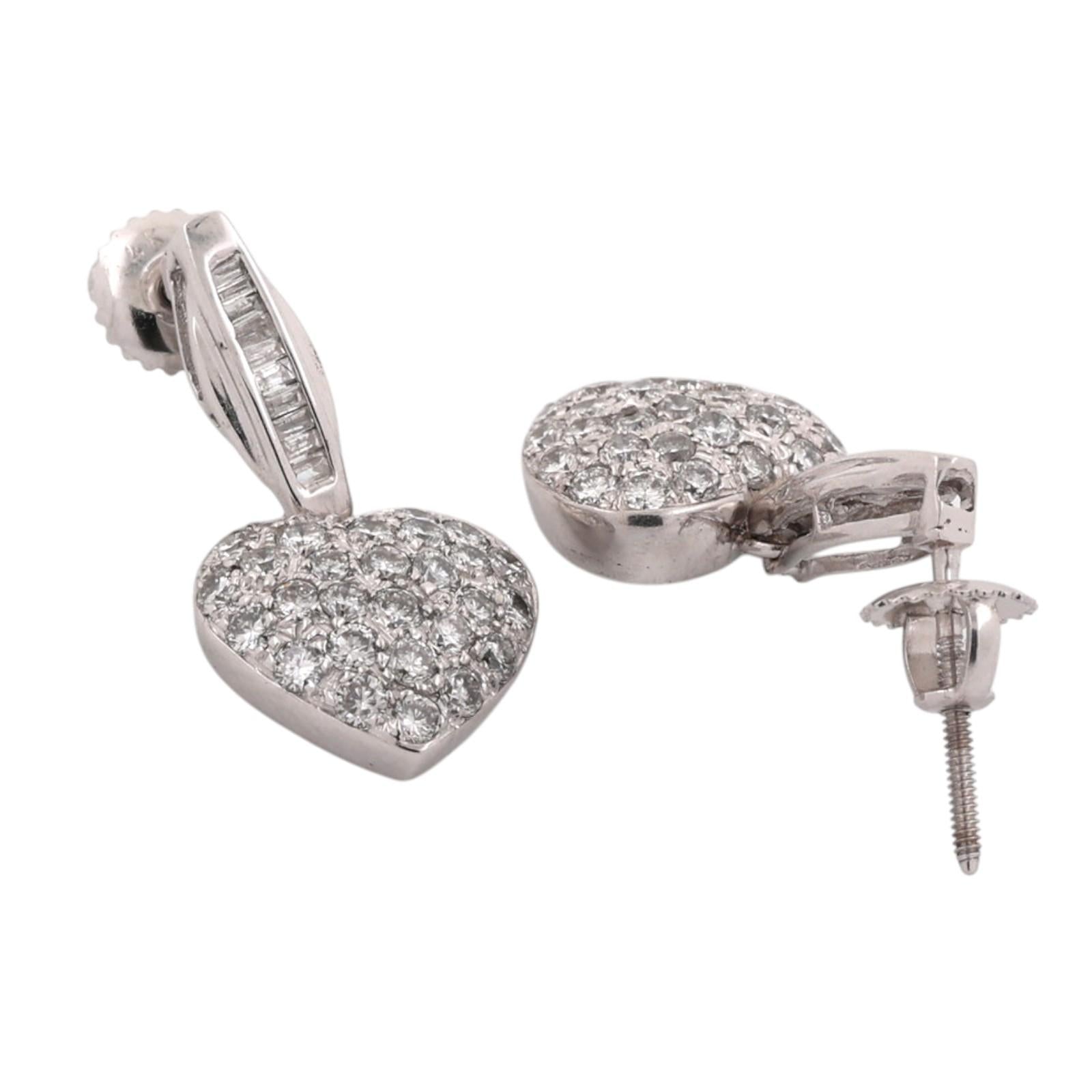 1.35CTW Diamond Heart Drop Dangle Earrings 14K White Gold Baguette Screw Backs