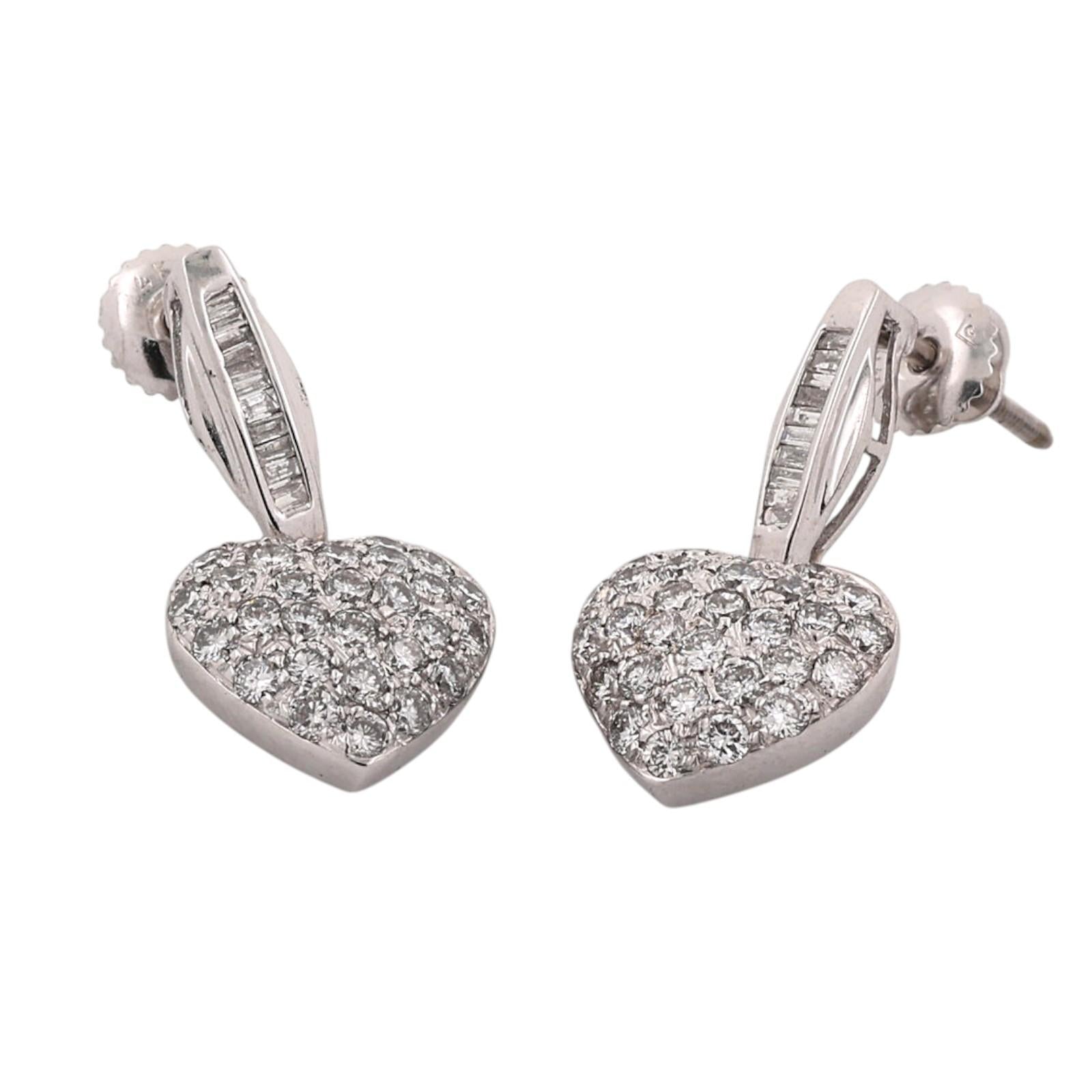 1.35CTW Diamond Heart Drop Dangle Earrings 14K White Gold Baguette Screw Backs