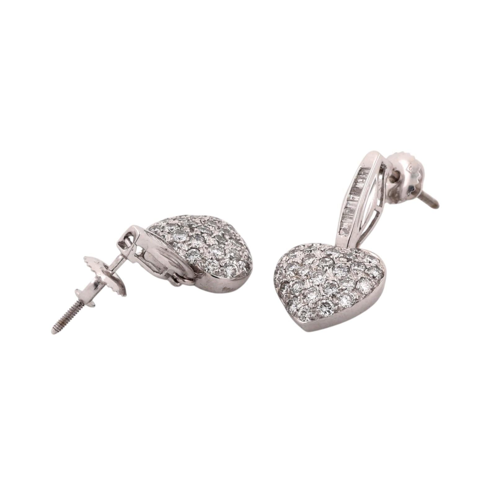 1.35CTW Diamond Heart Drop Dangle Earrings 14K White Gold Baguette Screw Backs