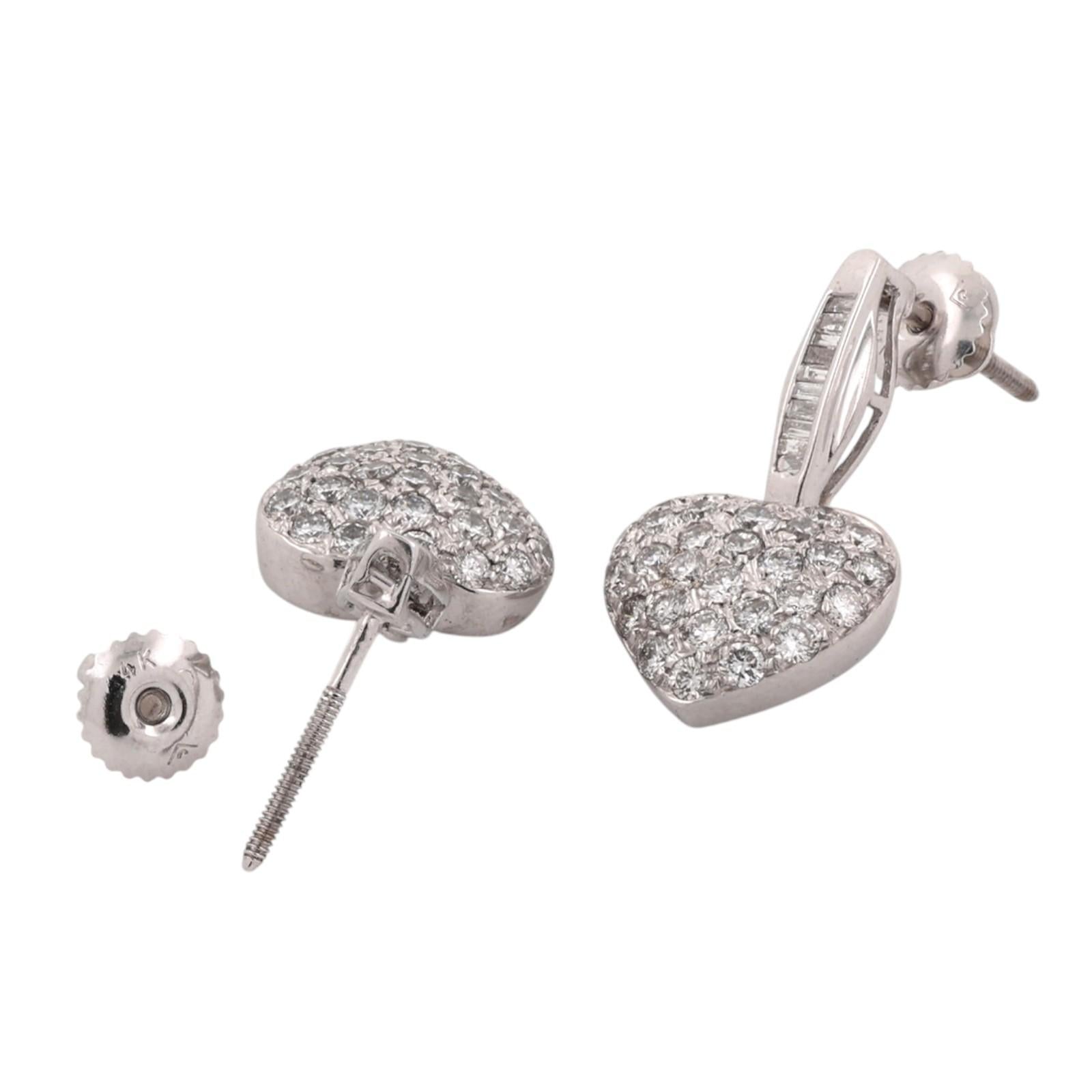 1.35CTW Diamond Heart Drop Dangle Earrings 14K White Gold Baguette Screw Backs