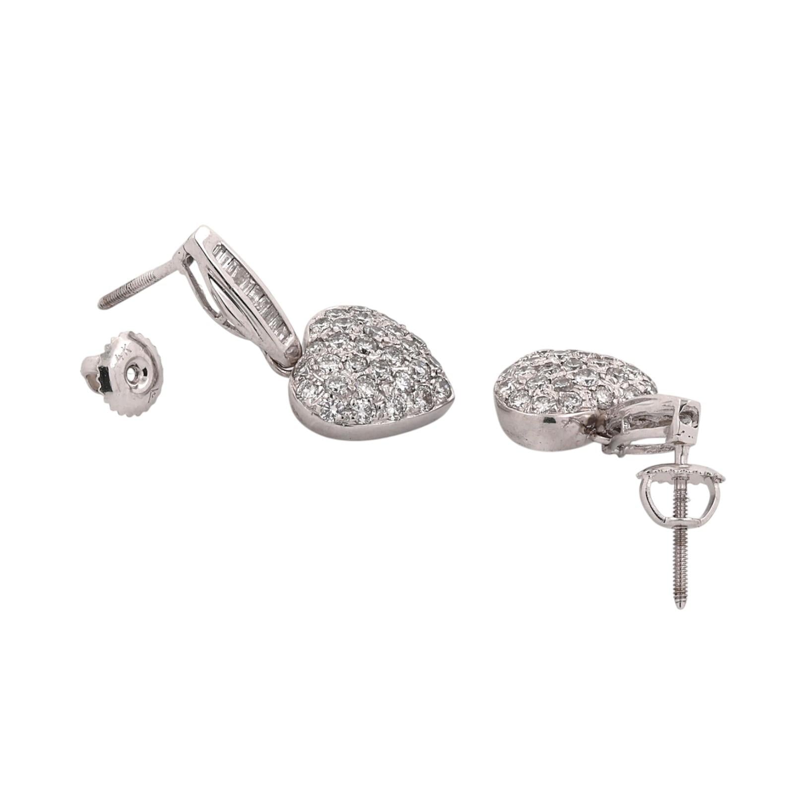 1.35CTW Diamond Heart Drop Dangle Earrings 14K White Gold Baguette Screw Backs