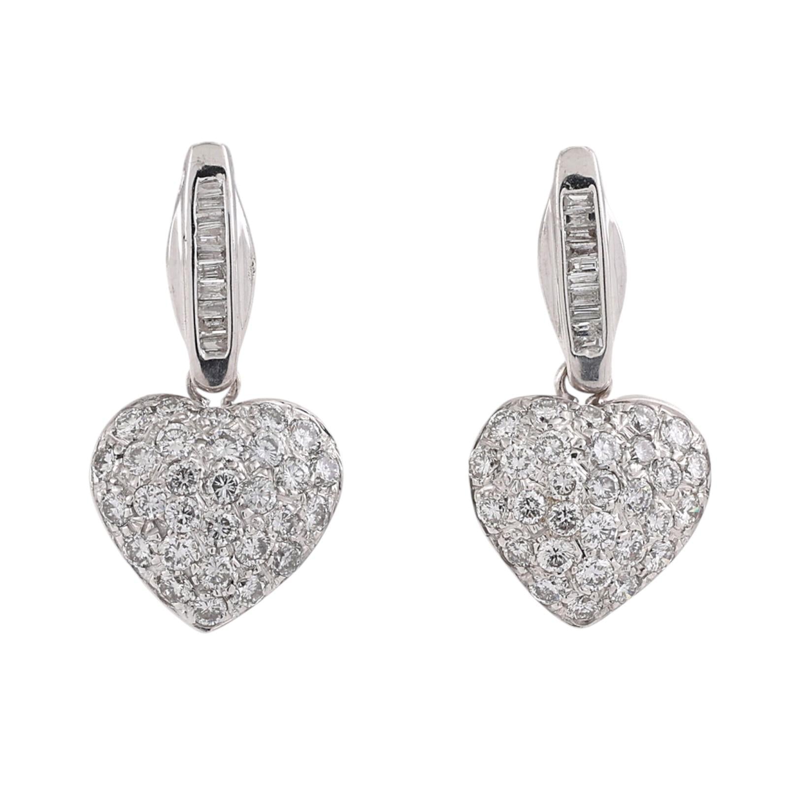 1.35CTW Diamond Heart Drop Dangle Earrings 14K White Gold Baguette Screw Backs