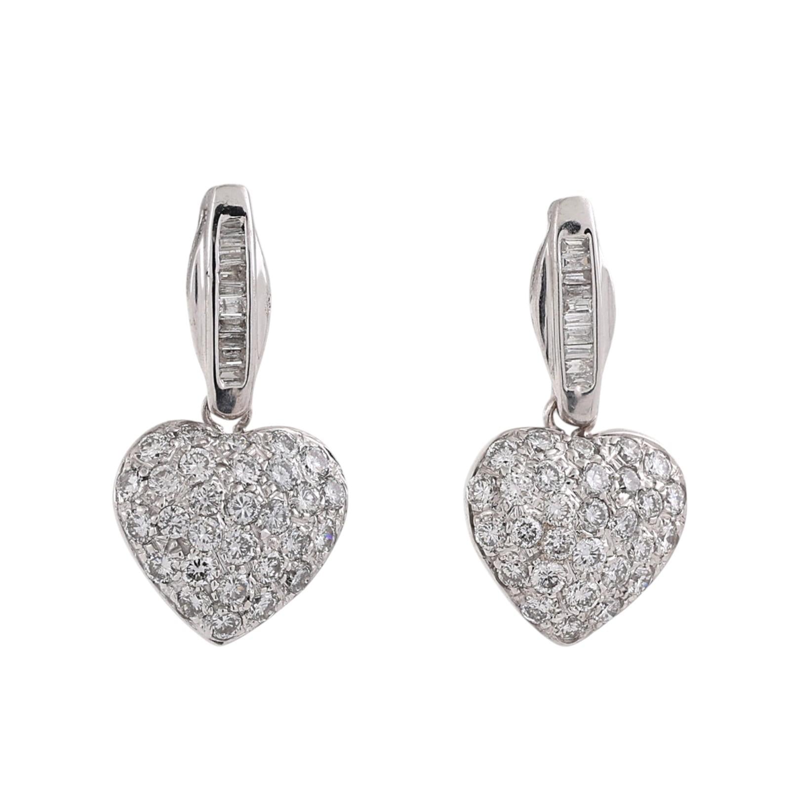 1.35CTW Diamond Heart Drop Dangle Earrings 14K White Gold Baguette Screw Backs