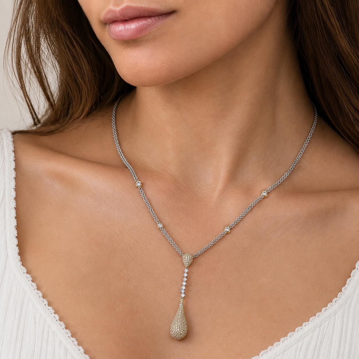 Odelia 18K Two Tone Gold 3.00 CTW Diamond Teardrop Lariat Necklace 16"