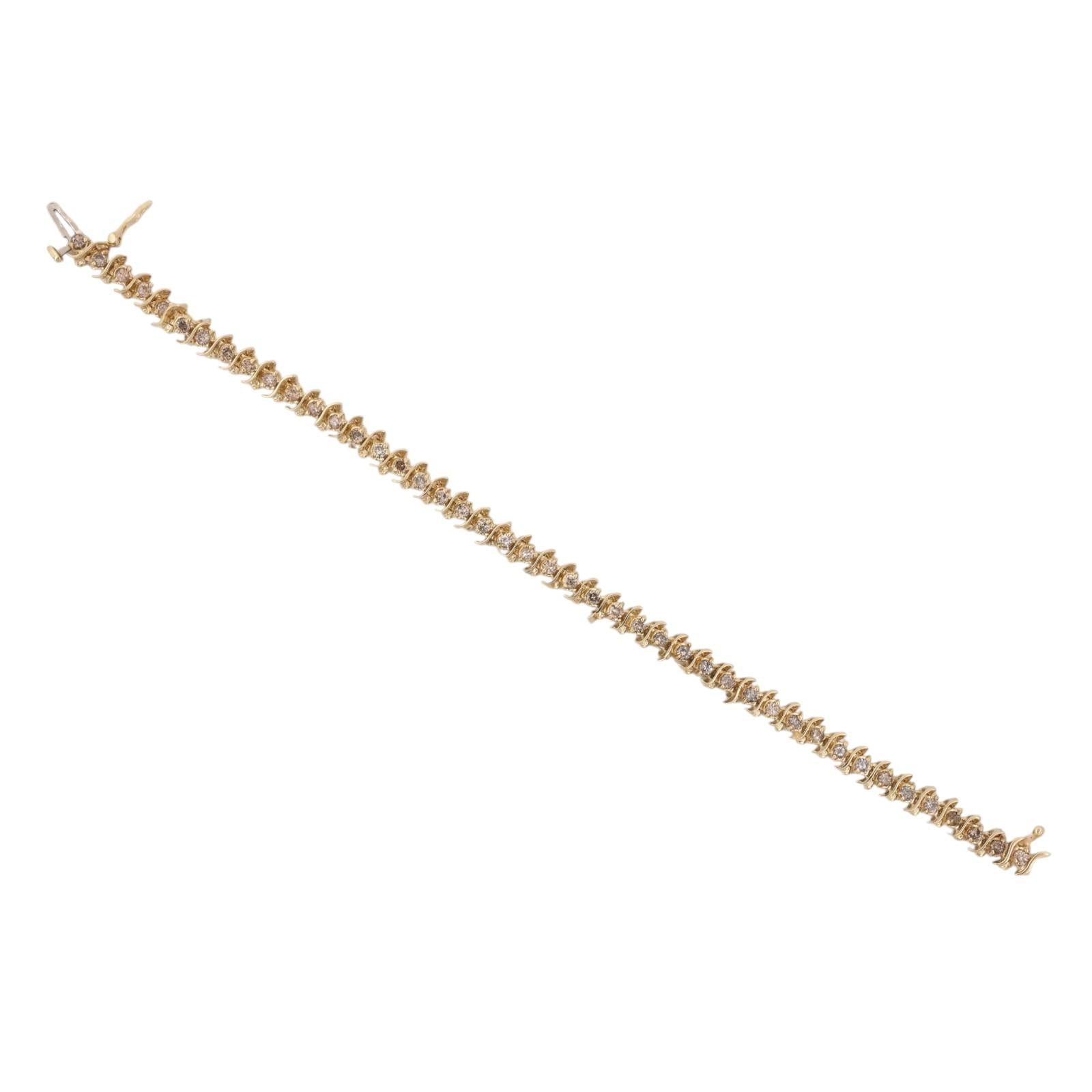 2.00TW Natural Champagne Brown Diamond S Link Tennis Bracelet 14K Yellow Gold 7"