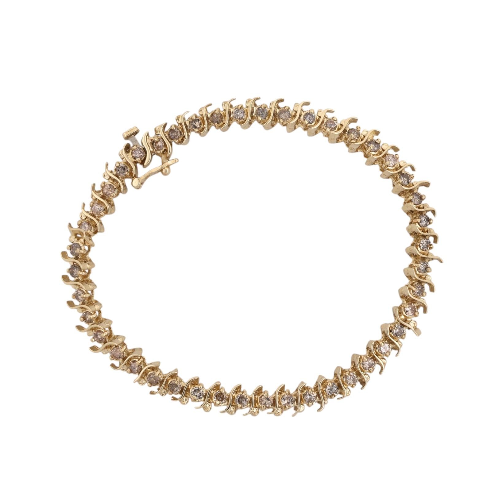 2.00TW Natural Champagne Brown Diamond S Link Tennis Bracelet 14K Yellow Gold 7"