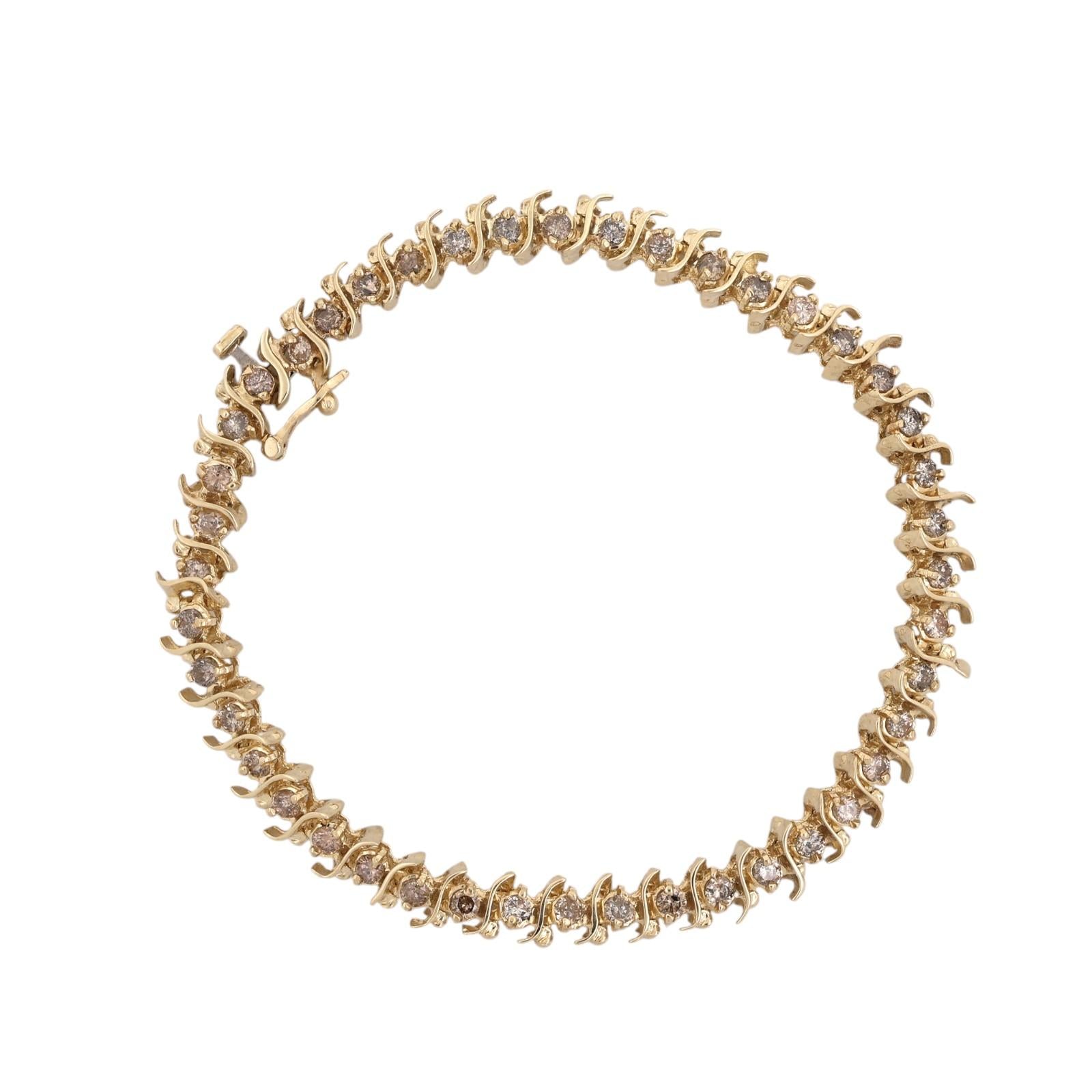 2.00TW Natural Champagne Brown Diamond S Link Tennis Bracelet 14K Yellow Gold 7"
