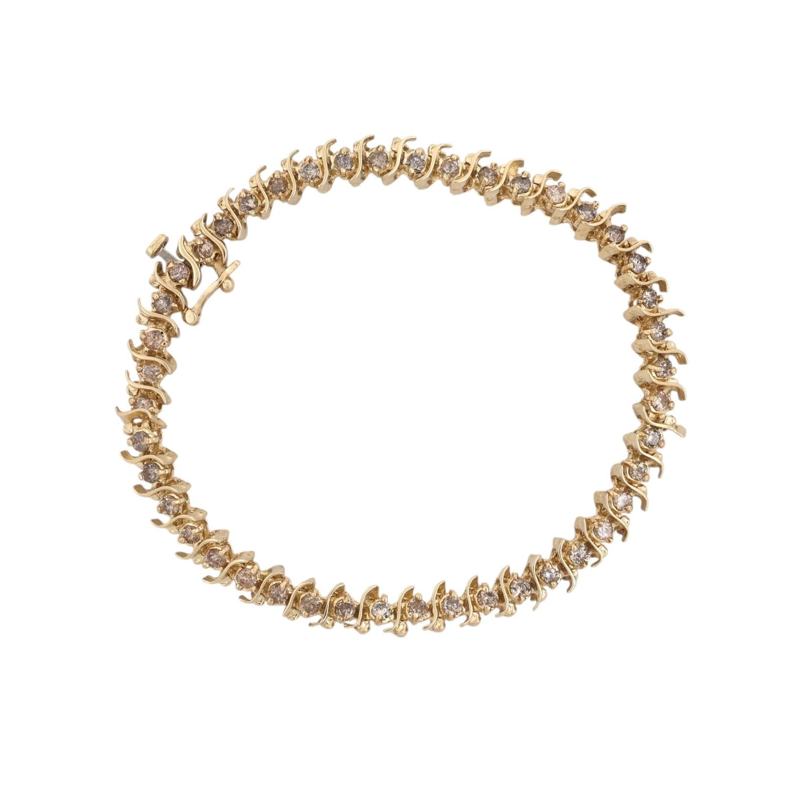 2.00TW Natural Champagne Brown Diamond S Link Tennis Bracelet 14K Yellow Gold 7"