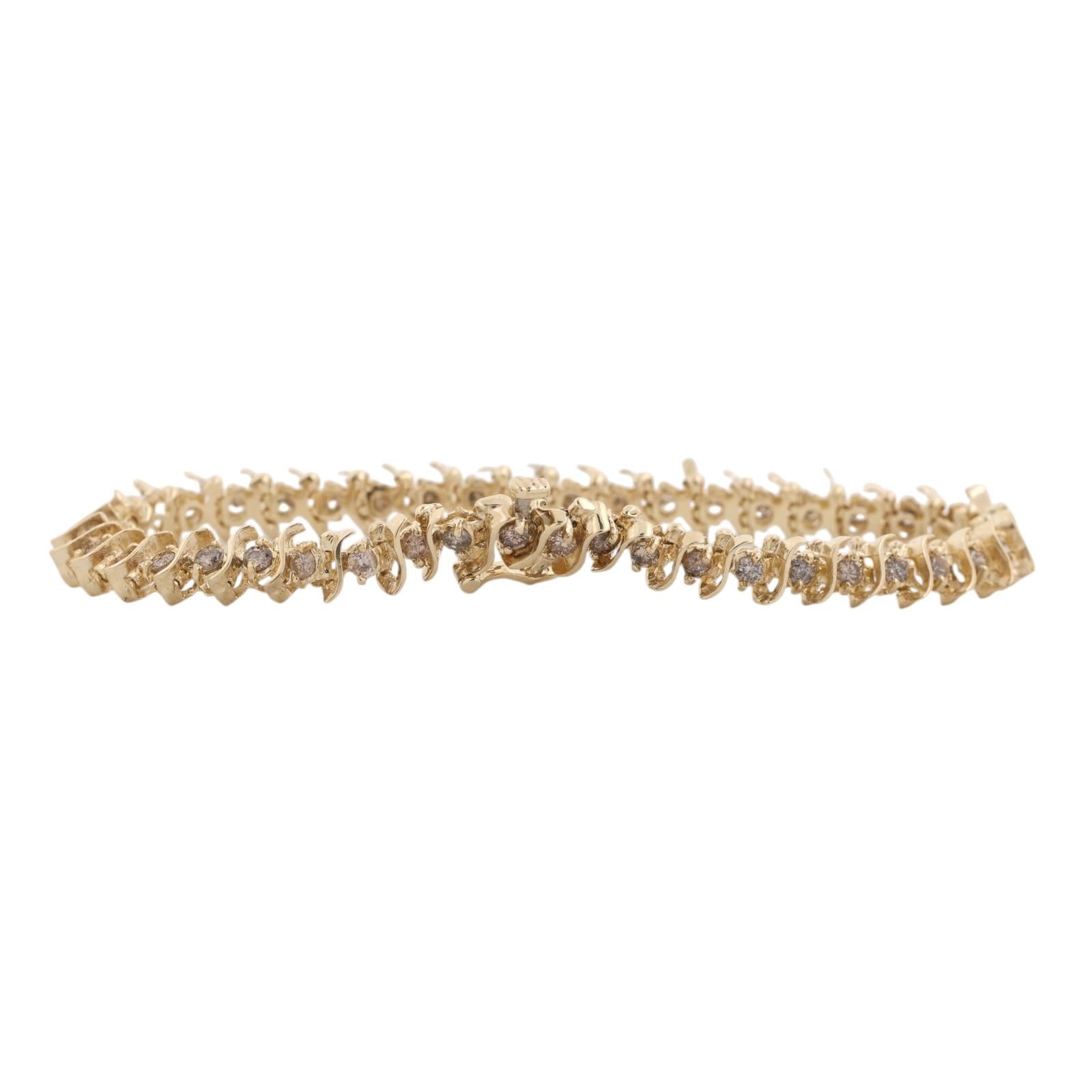 2.00TW Natural Champagne Brown Diamond S Link Tennis Bracelet 14K Yellow Gold 7"