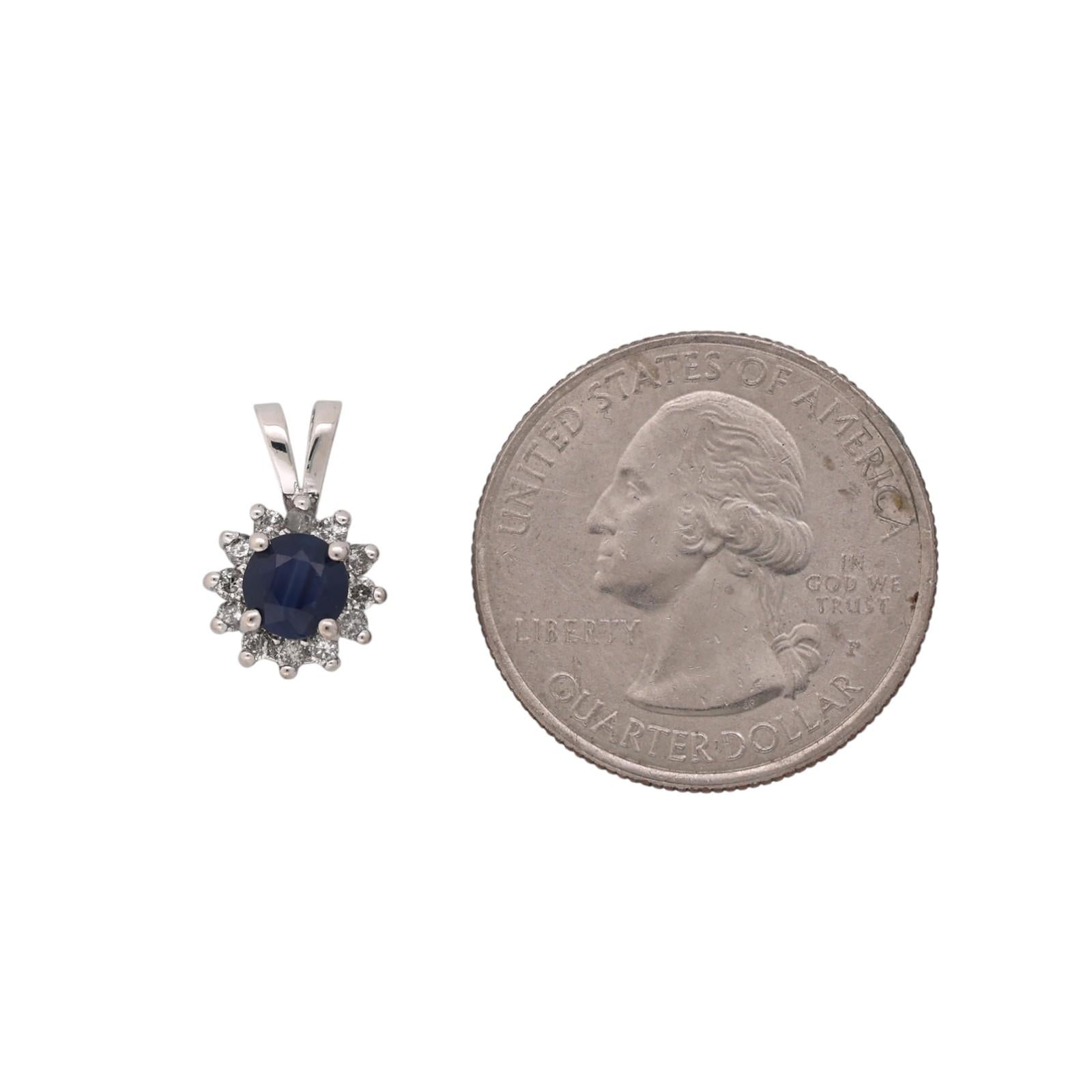 14K White Gold 0.80CT Blue Sapphire 0.25CTW Natural Diamond Halo Pendant