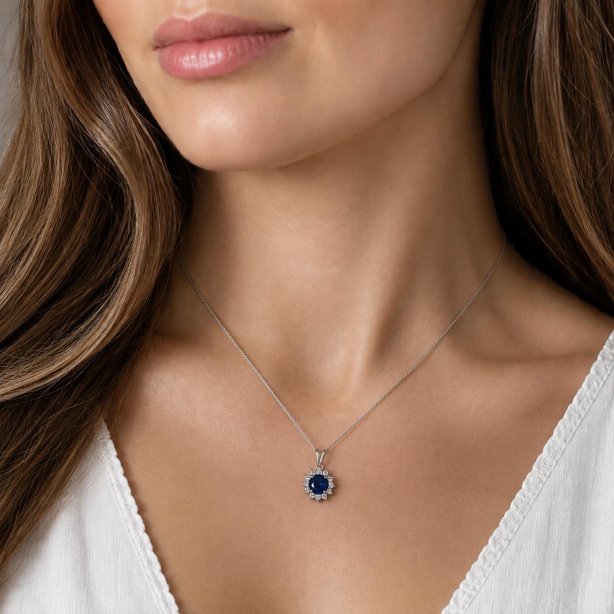14K White Gold 0.80CT Blue Sapphire 0.25CTW Natural Diamond Halo Pendant