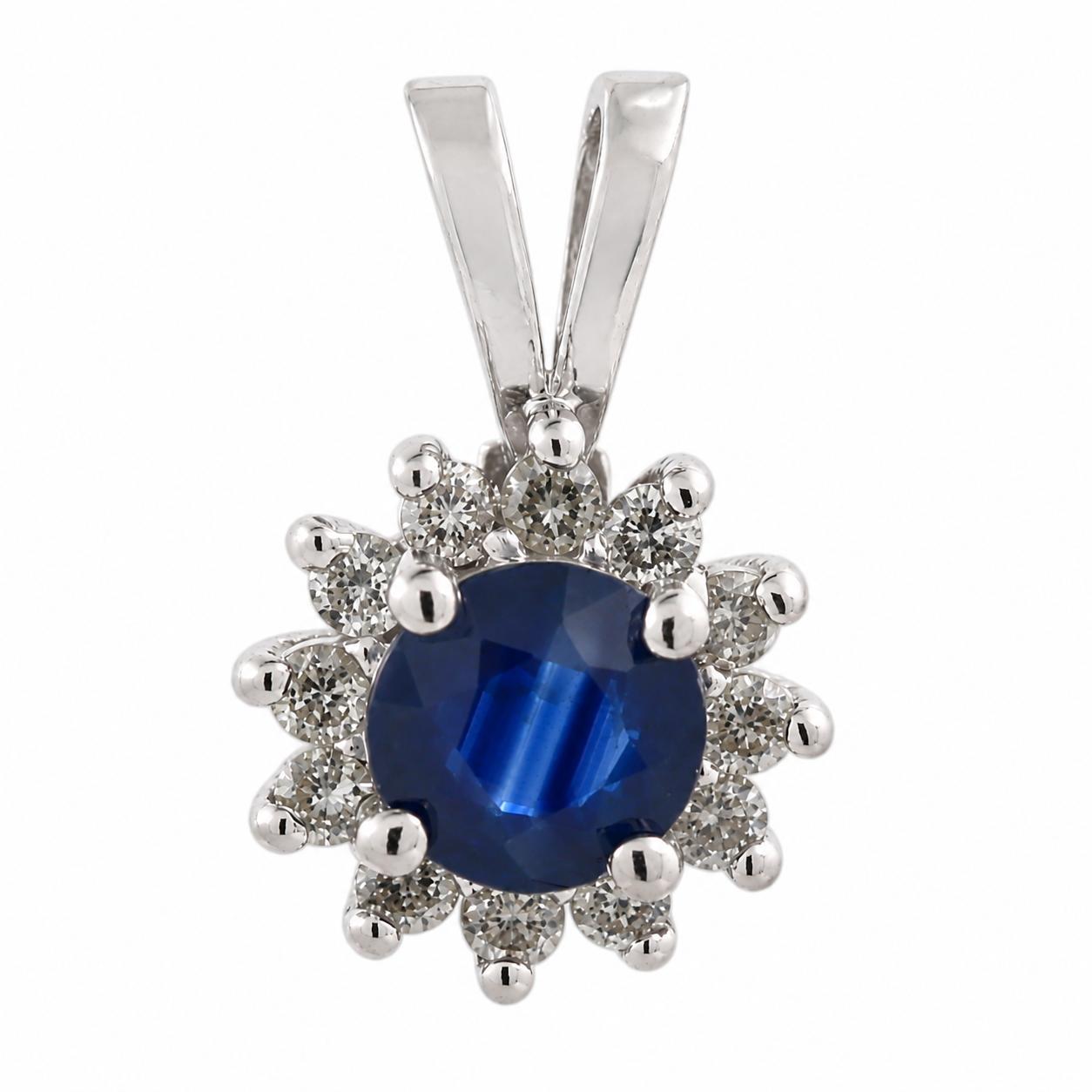 14K White Gold 0.80CT Blue Sapphire 0.25CTW Natural Diamond Halo Pendant