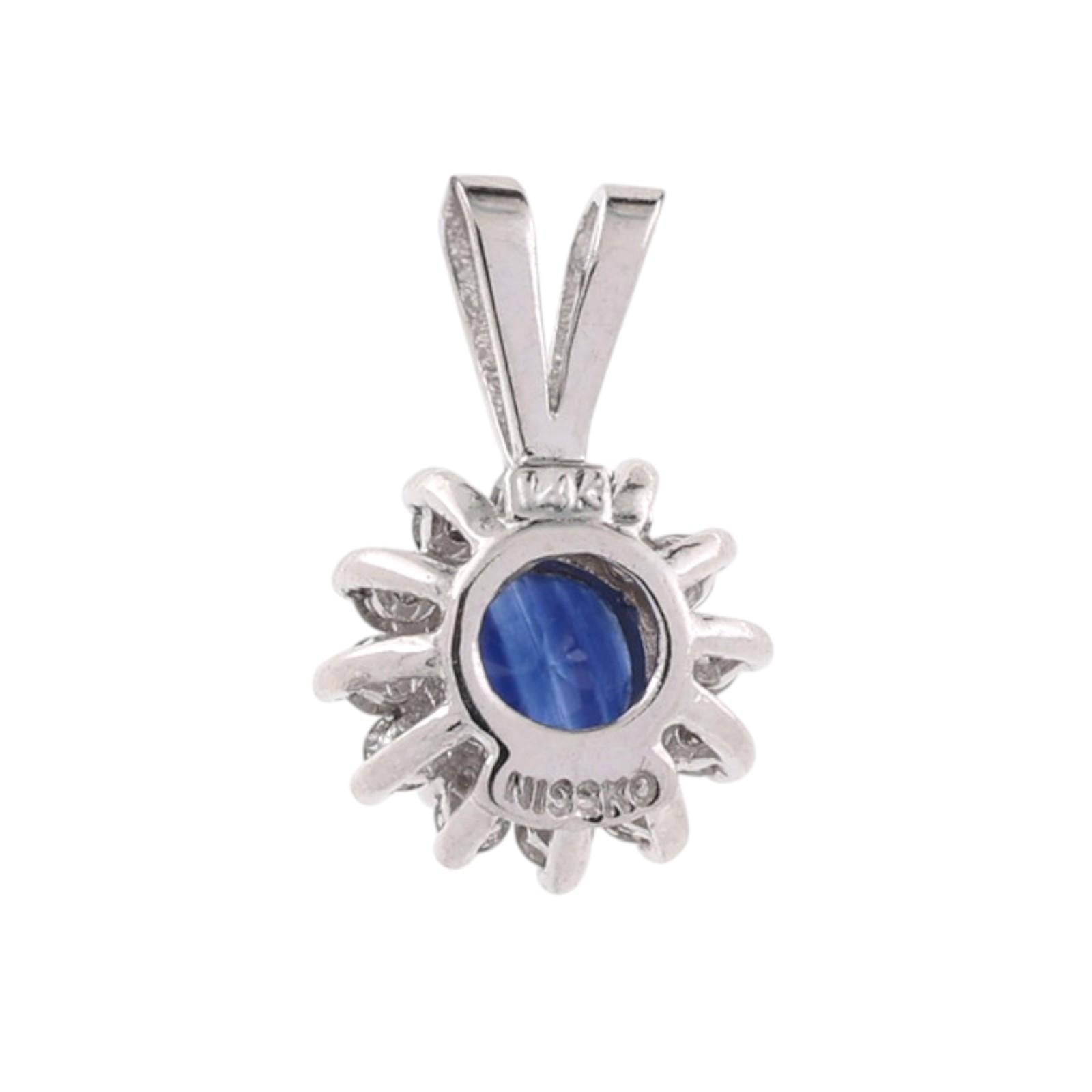 14K White Gold 0.80CT Blue Sapphire 0.25CTW Natural Diamond Halo Pendant