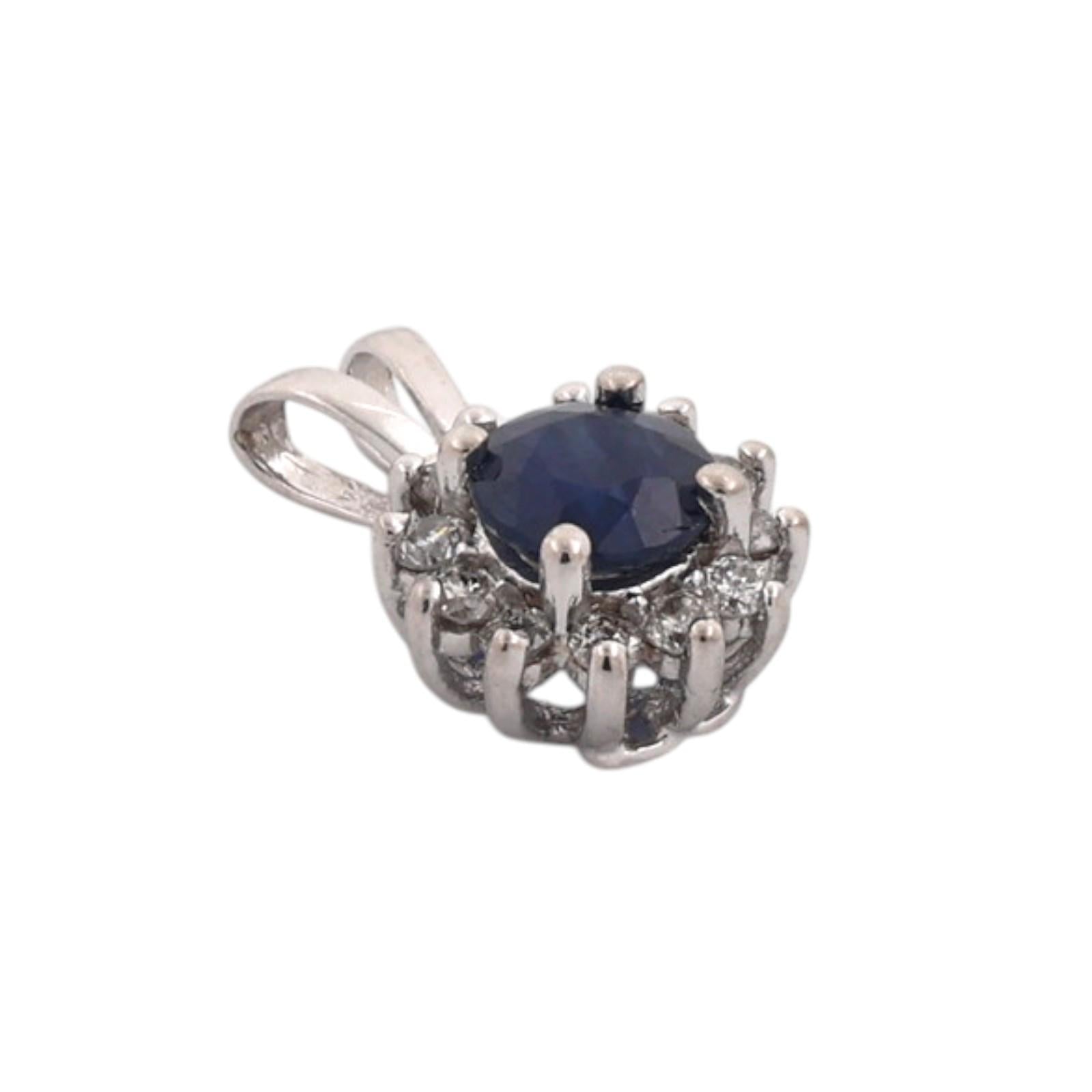 14K White Gold 0.80CT Blue Sapphire 0.25CTW Natural Diamond Halo Pendant