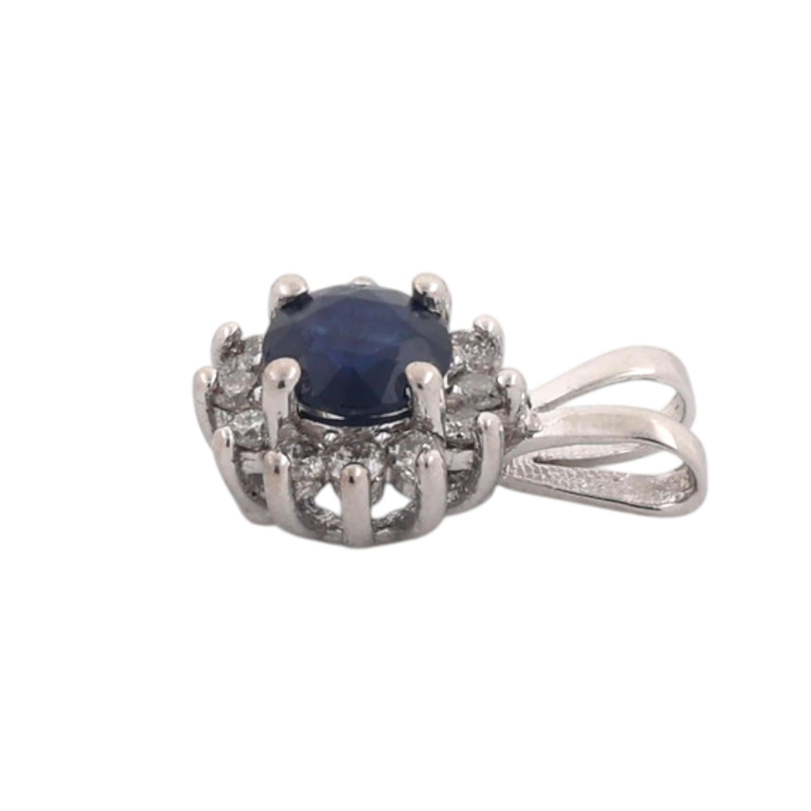 14K White Gold 0.80CT Blue Sapphire 0.25CTW Natural Diamond Halo Pendant