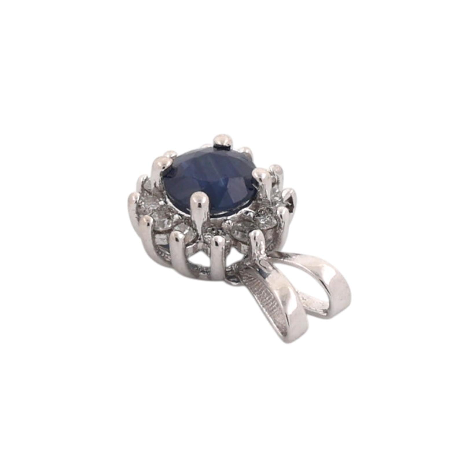 14K White Gold 0.80CT Blue Sapphire 0.25CTW Natural Diamond Halo Pendant