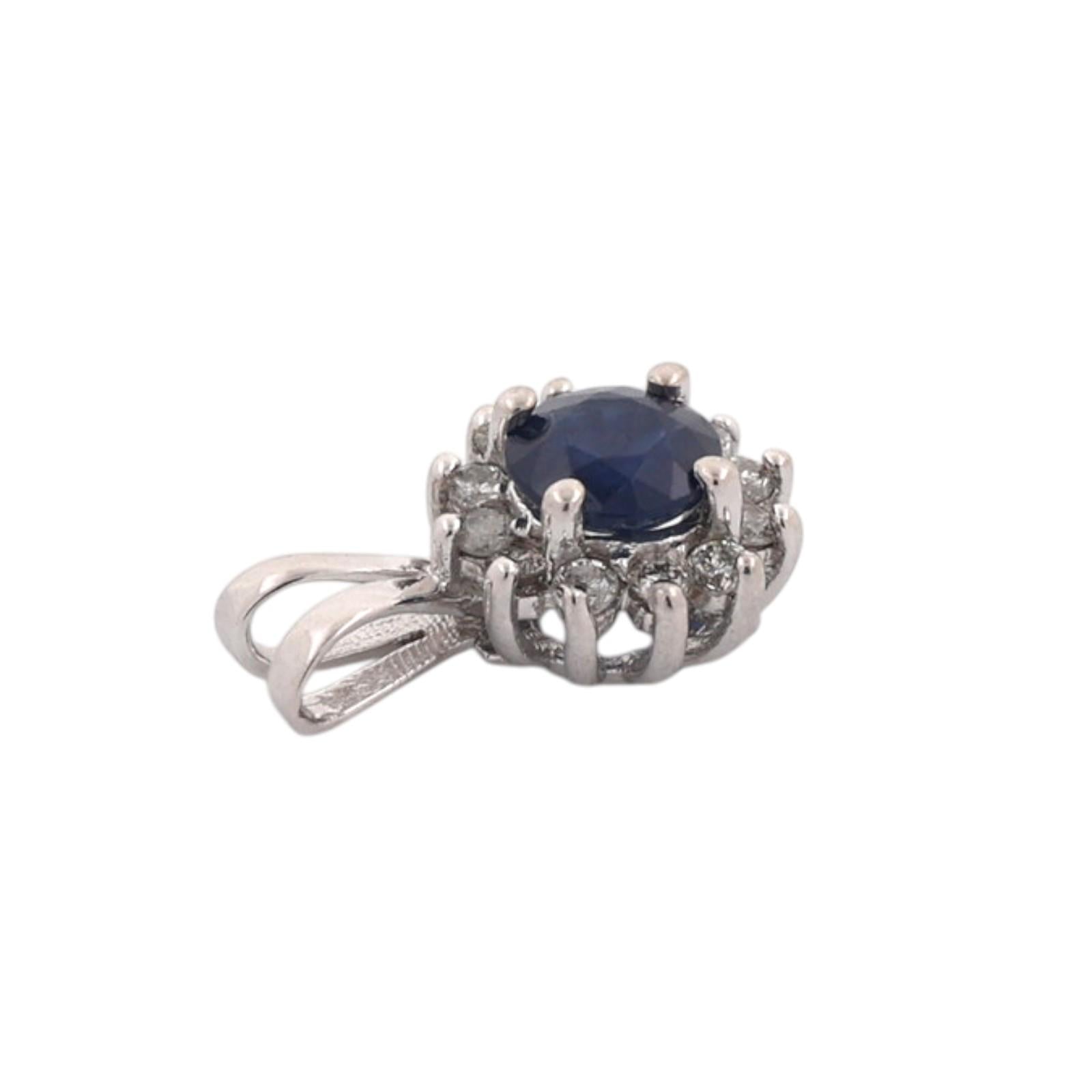 14K White Gold 0.80CT Blue Sapphire 0.25CTW Natural Diamond Halo Pendant