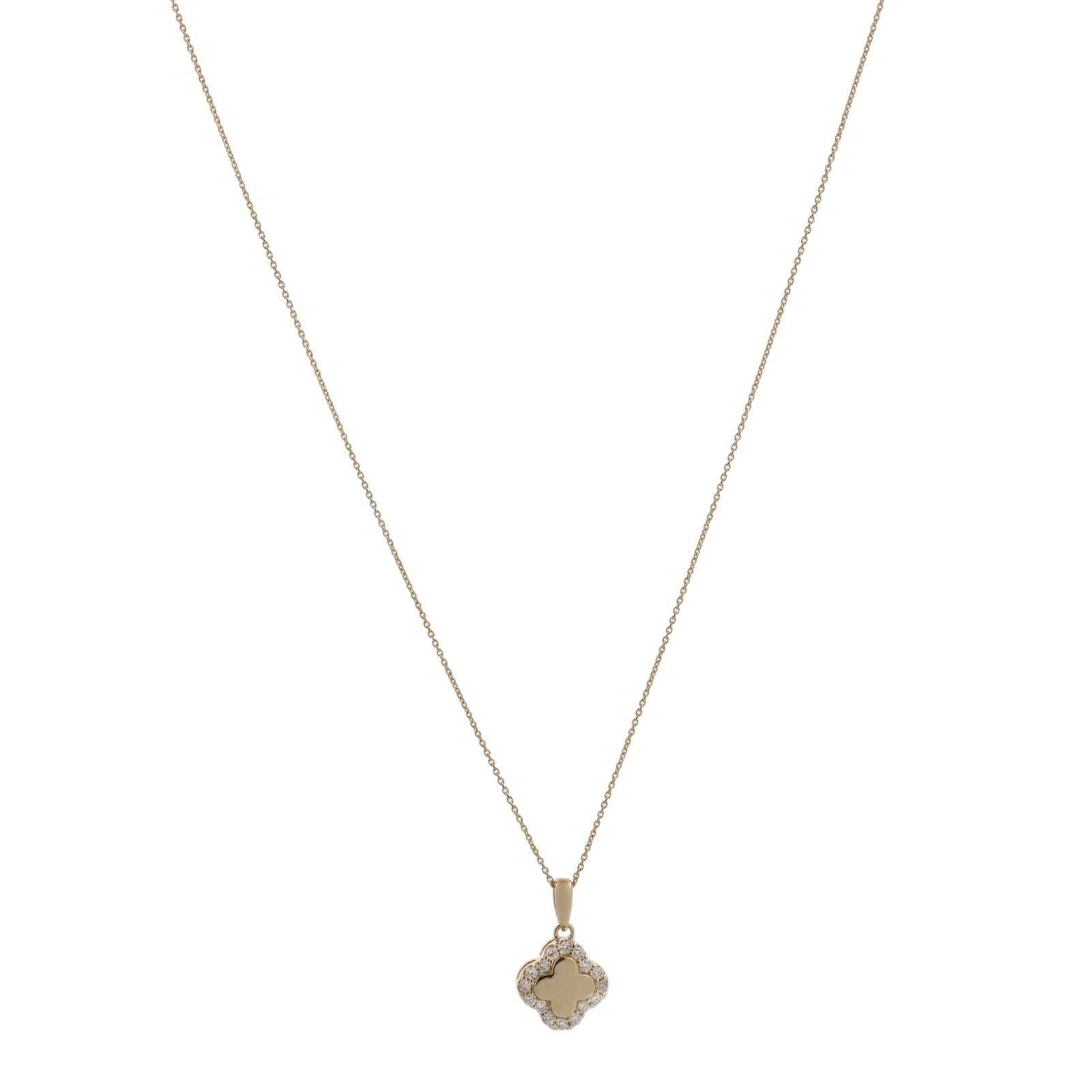 14K Yellow Gold Natural Diamond Clover Quatrefoil Pendant Necklace 18" 0.15 CTW