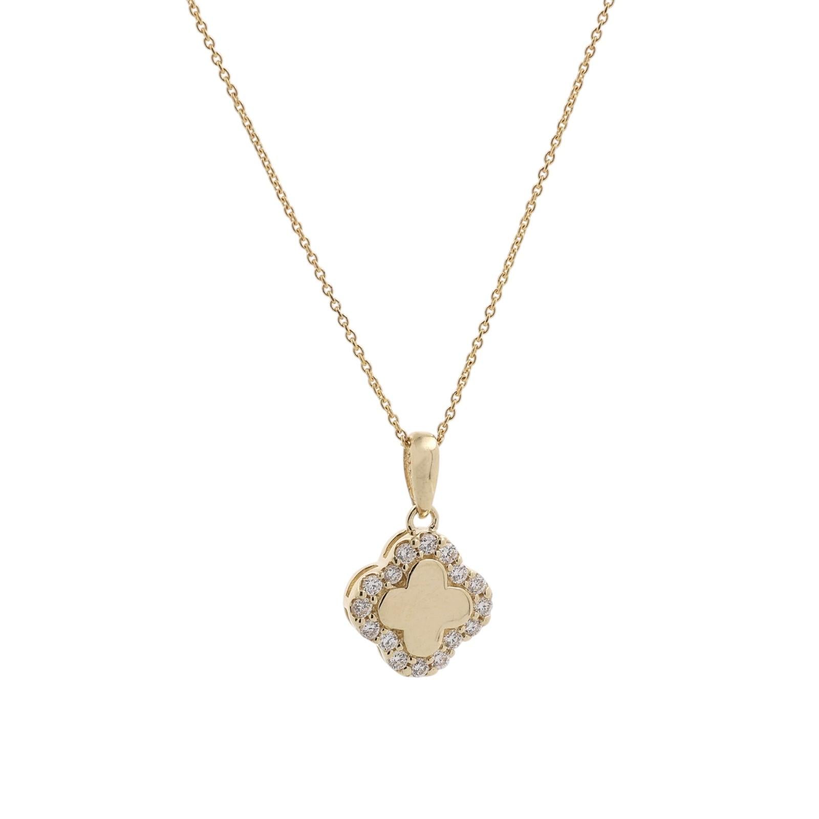 14K Yellow Gold Natural Diamond Clover Quatrefoil Pendant Necklace 18" 0.15 CTW