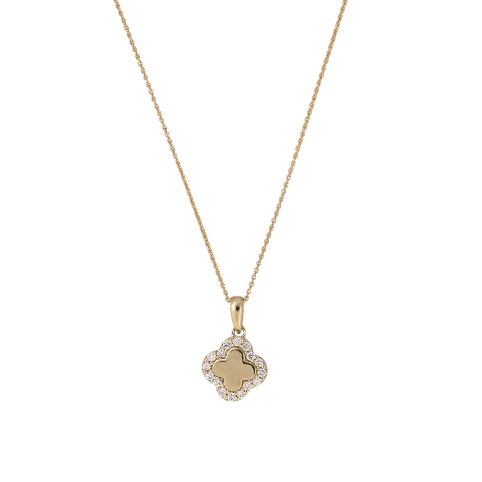 14K Yellow Gold Natural Diamond Clover Quatrefoil Pendant Necklace 18" 0.15 CTW