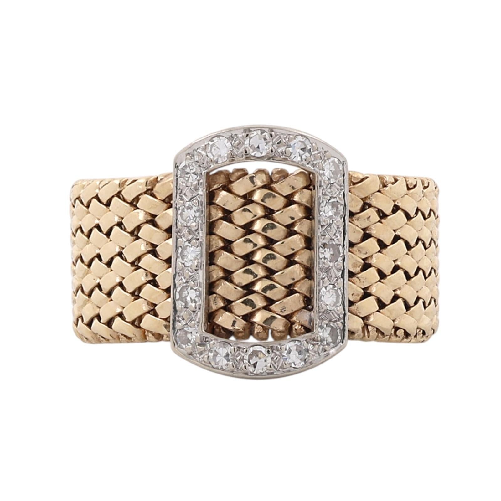 Vintage 14K Two-Tone Gold Natural Diamond Buckle Wide Band Ring 0.18CTW Size 5.5