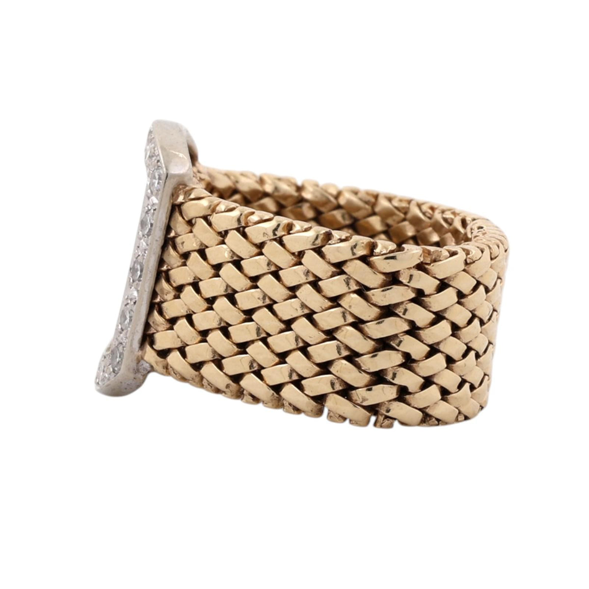 Vintage 14K Two-Tone Gold Natural Diamond Buckle Wide Band Ring 0.18CTW Size 5.5