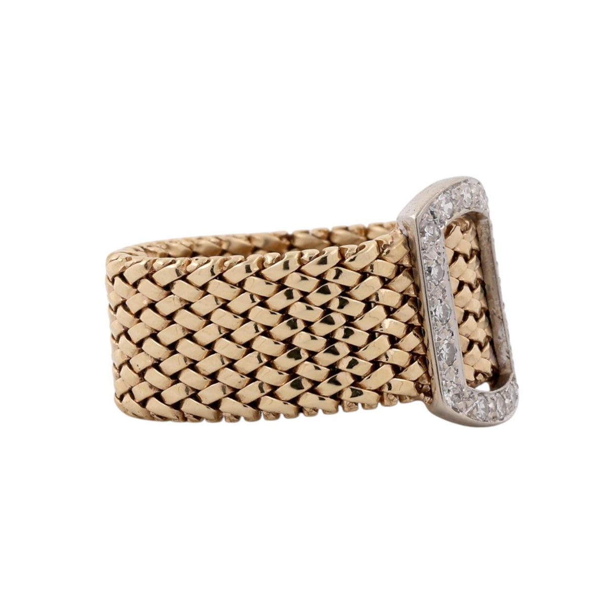 Vintage 14K Two-Tone Gold Natural Diamond Buckle Wide Band Ring 0.18CTW Size 5.5