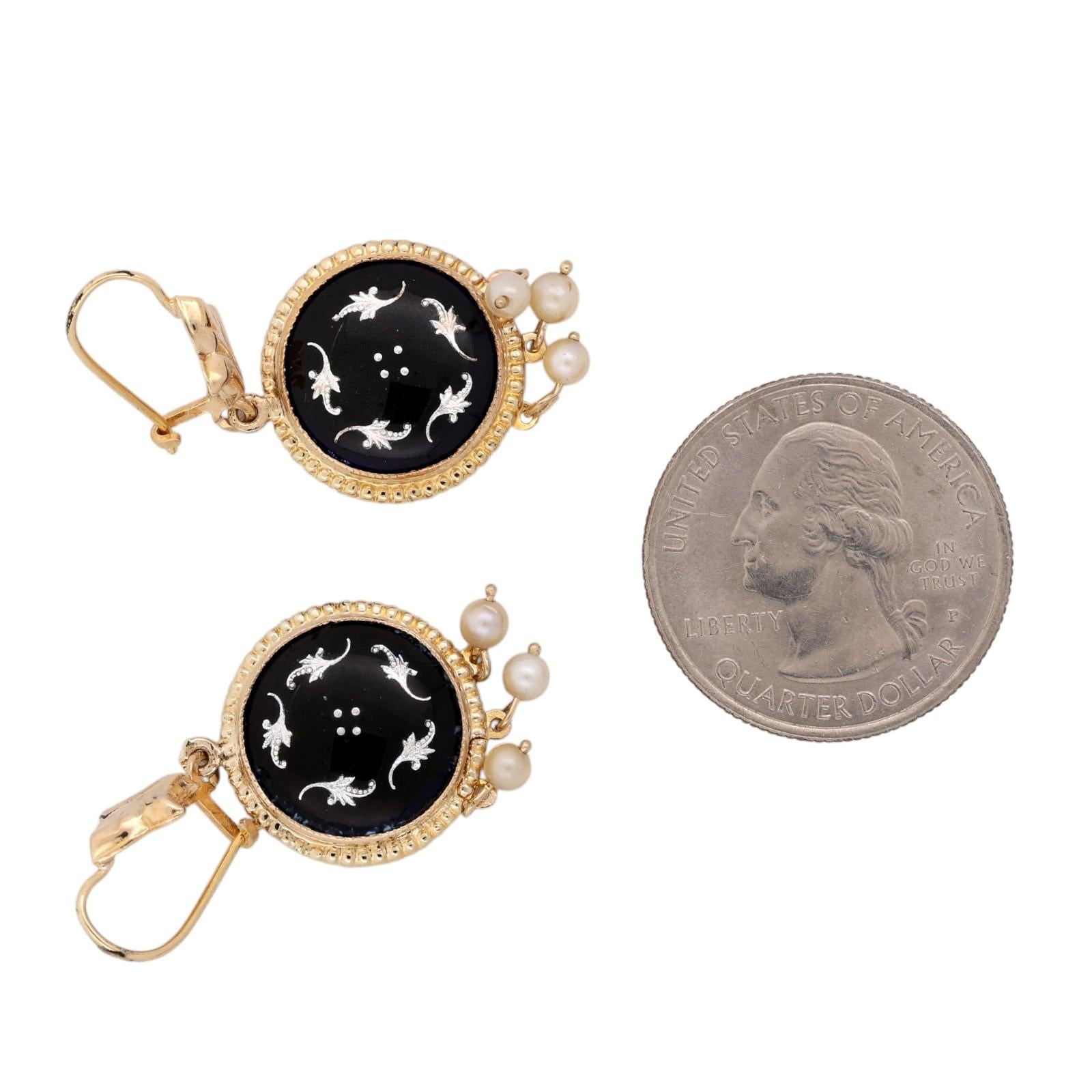 Vintage Black Enamel Akoya Pearl Drop Dangle Earrings Yellow Gold 1.57" Estate