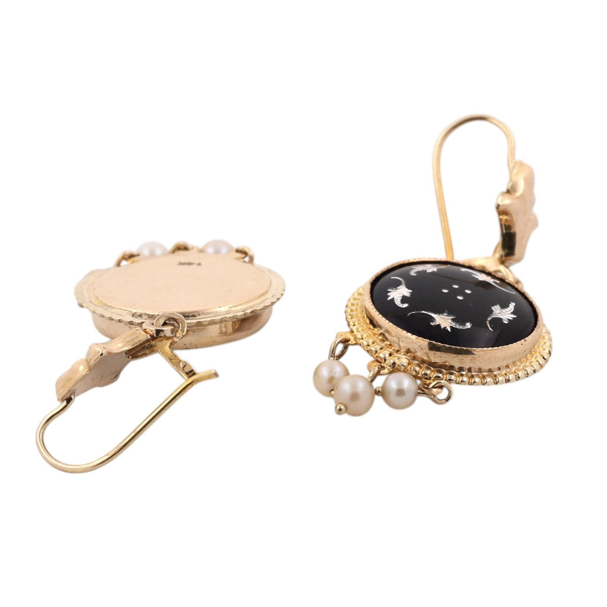 Vintage Black Enamel Akoya Pearl Drop Dangle Earrings Yellow Gold 1.57" Estate