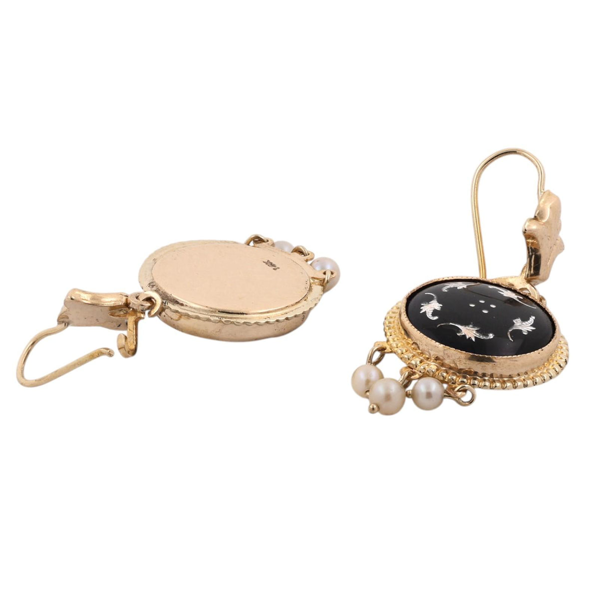 Vintage Black Enamel Akoya Pearl Drop Dangle Earrings Yellow Gold 1.57" Estate
