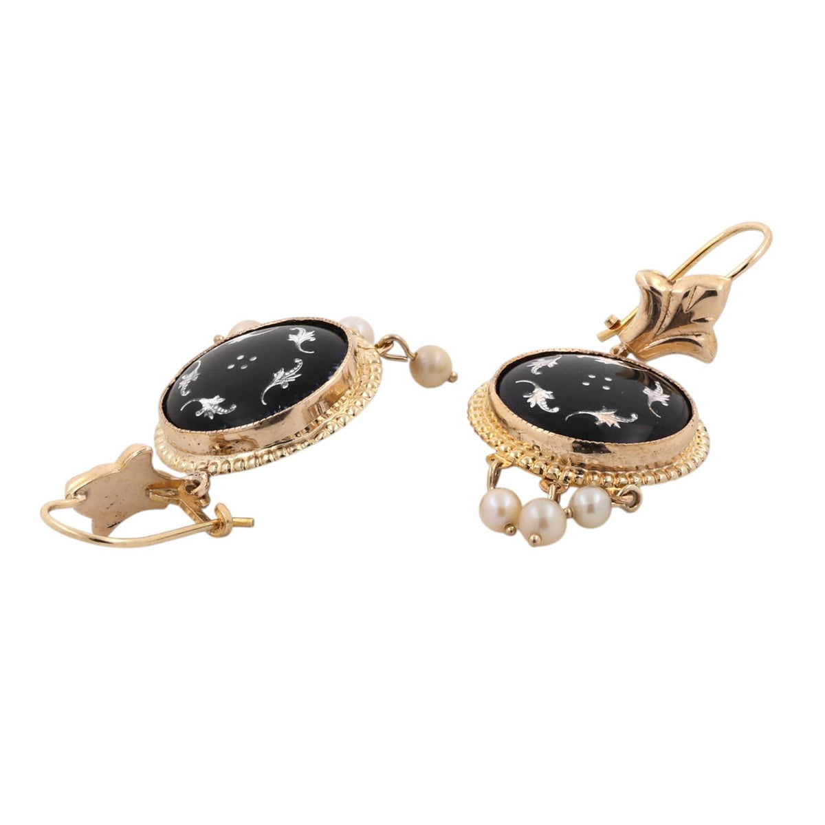 Vintage Black Enamel Akoya Pearl Drop Dangle Earrings Yellow Gold 1.57" Estate