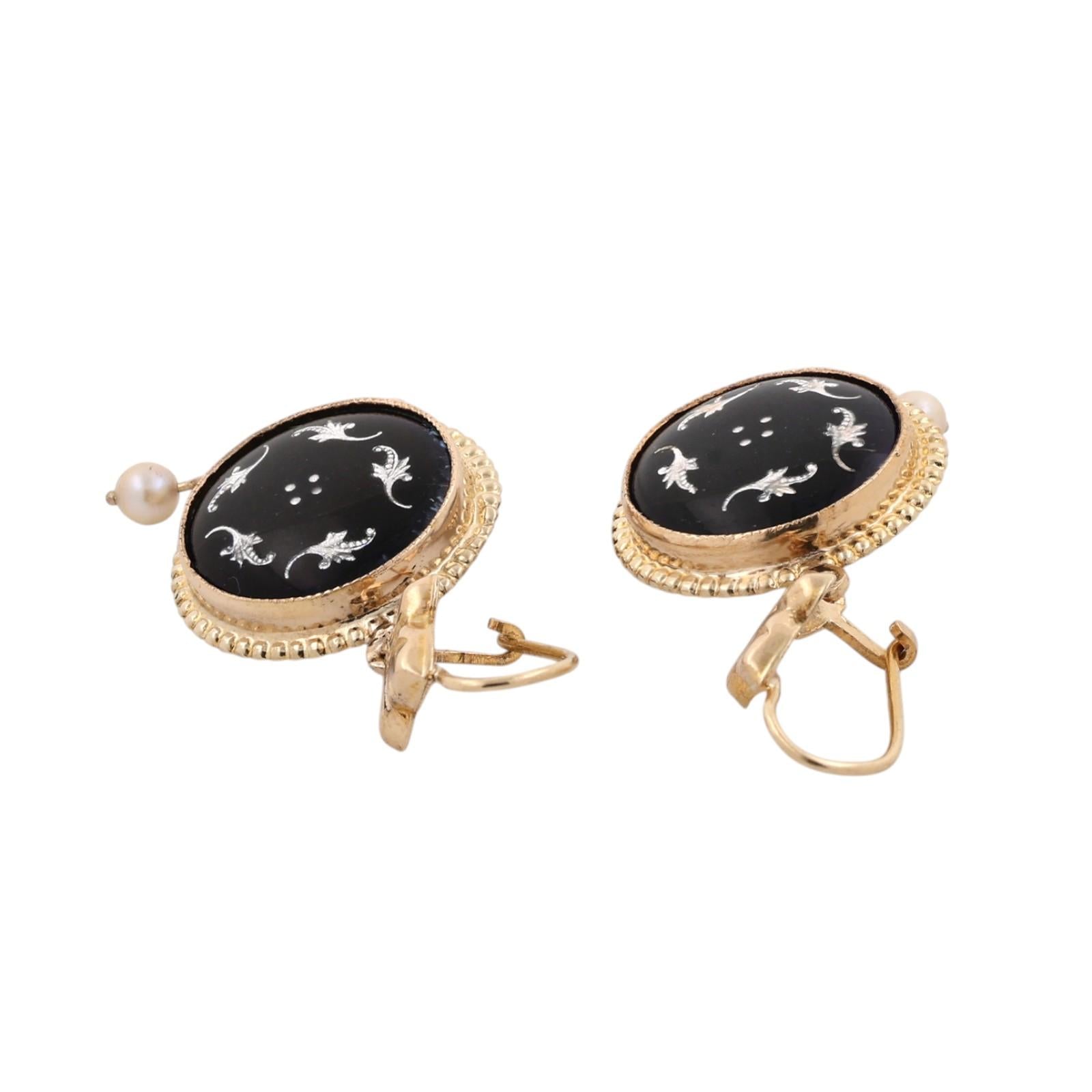 Vintage Black Enamel Akoya Pearl Drop Dangle Earrings Yellow Gold 1.57" Estate