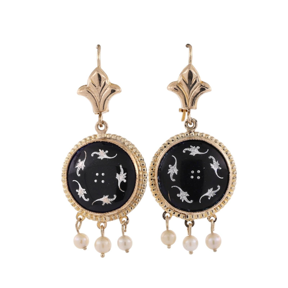 Vintage Black Enamel Akoya Pearl Drop Dangle Earrings Yellow Gold 1.57" Estate
