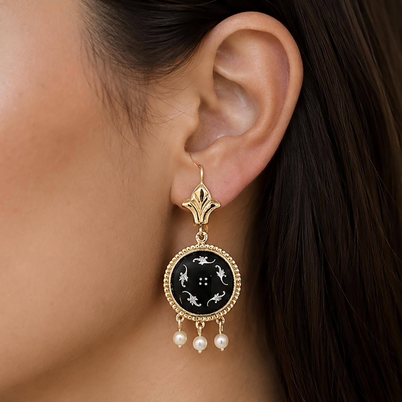 Vintage Black Enamel Akoya Pearl Drop Dangle Earrings Yellow Gold 1.57" Estate