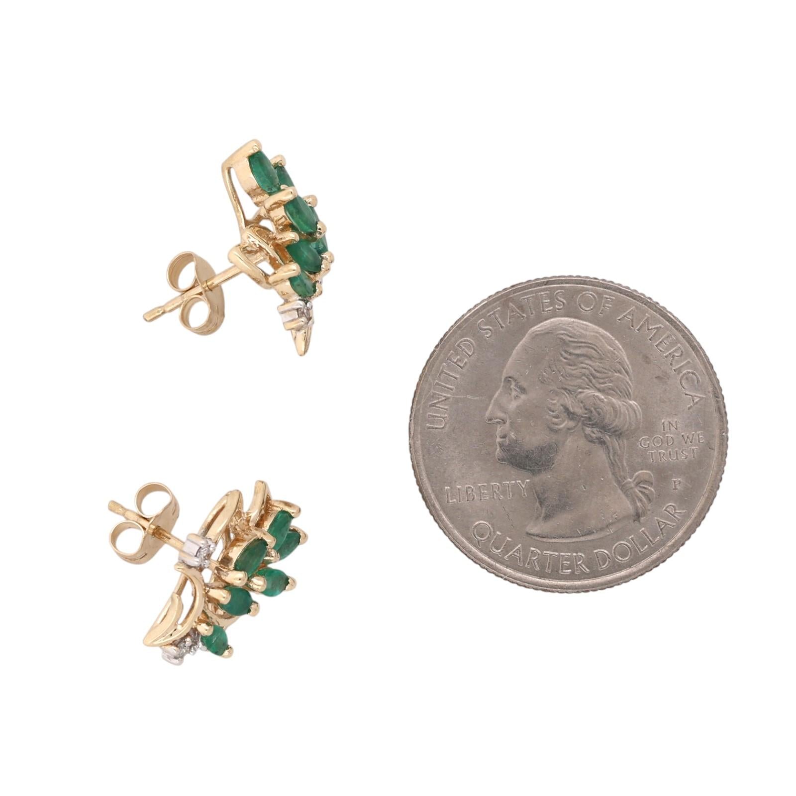 Natural Emerald Diamond Leaf Earrings 14K Two Tone Gold 0.76 CTW
