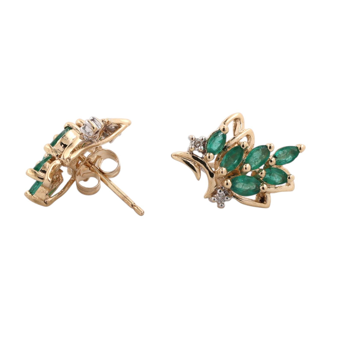 Natural Emerald Diamond Leaf Earrings 14K Two Tone Gold 0.76 CTW