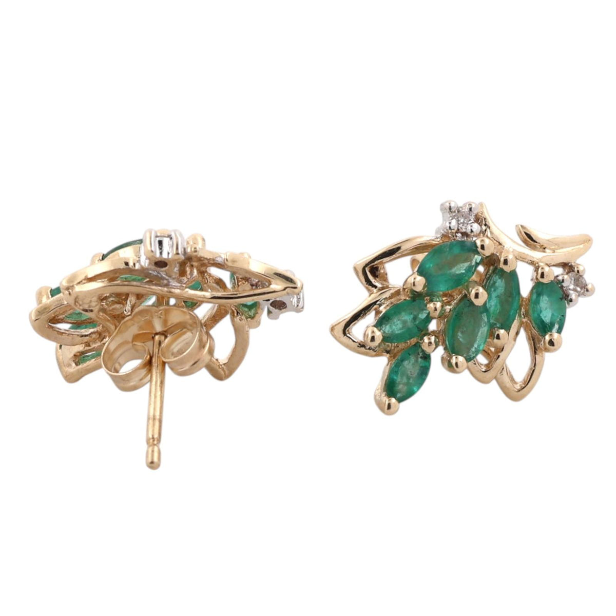 Natural Emerald Diamond Leaf Earrings 14K Two Tone Gold 0.76 CTW