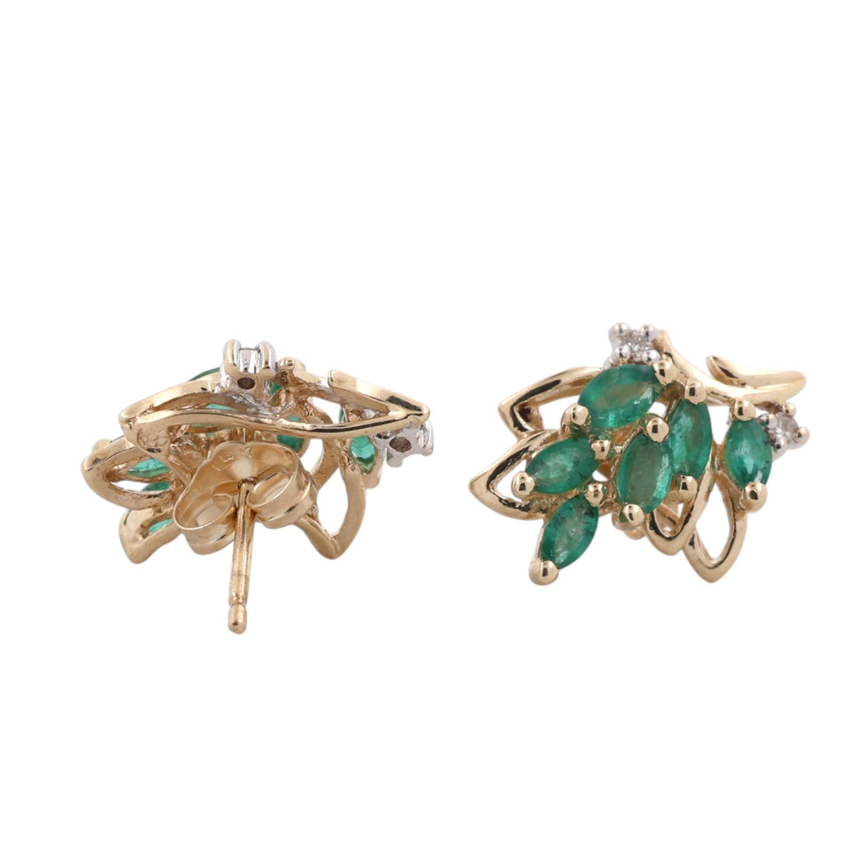 Natural Emerald Diamond Leaf Earrings 14K Two Tone Gold 0.76 CTW