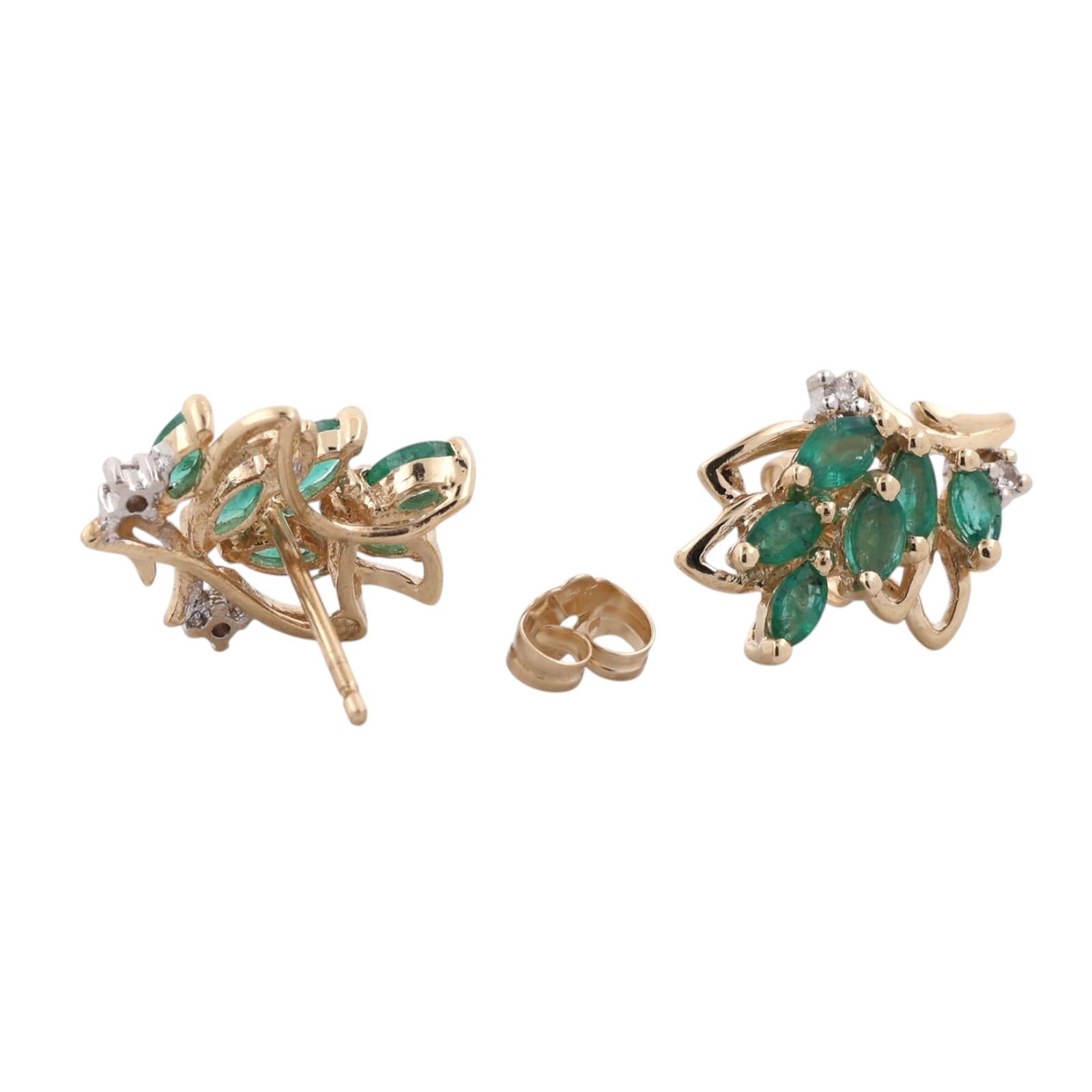 Natural Emerald Diamond Leaf Earrings 14K Two Tone Gold 0.76 CTW