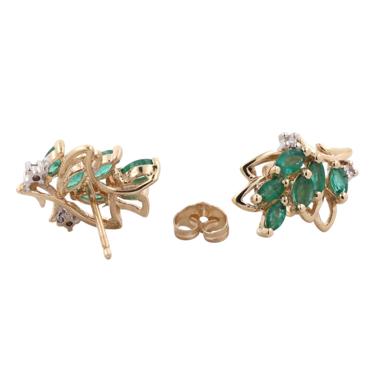 Natural Emerald Diamond Leaf Earrings 14K Two Tone Gold 0.76 CTW