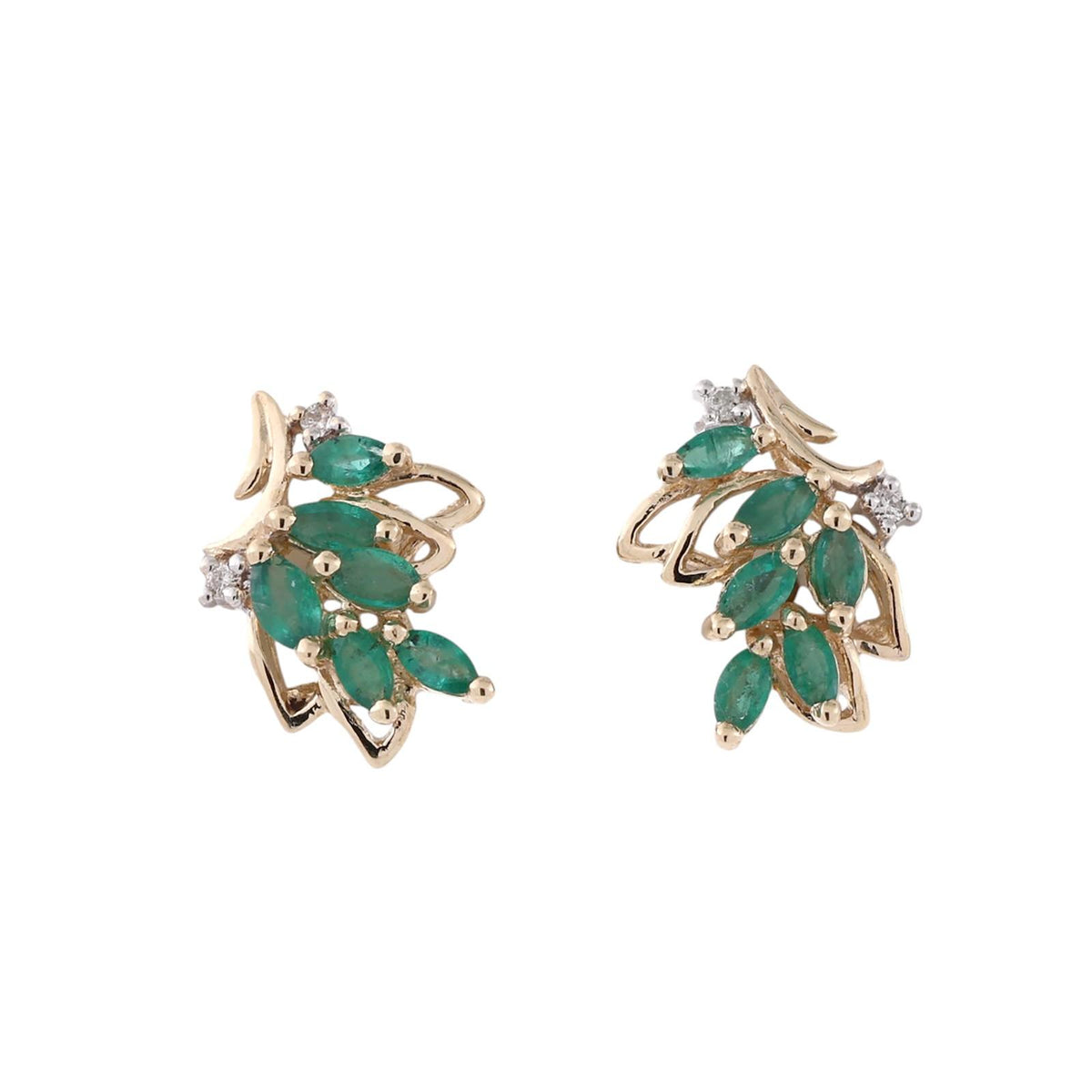 Natural Emerald Diamond Leaf Earrings 14K Two Tone Gold 0.76 CTW