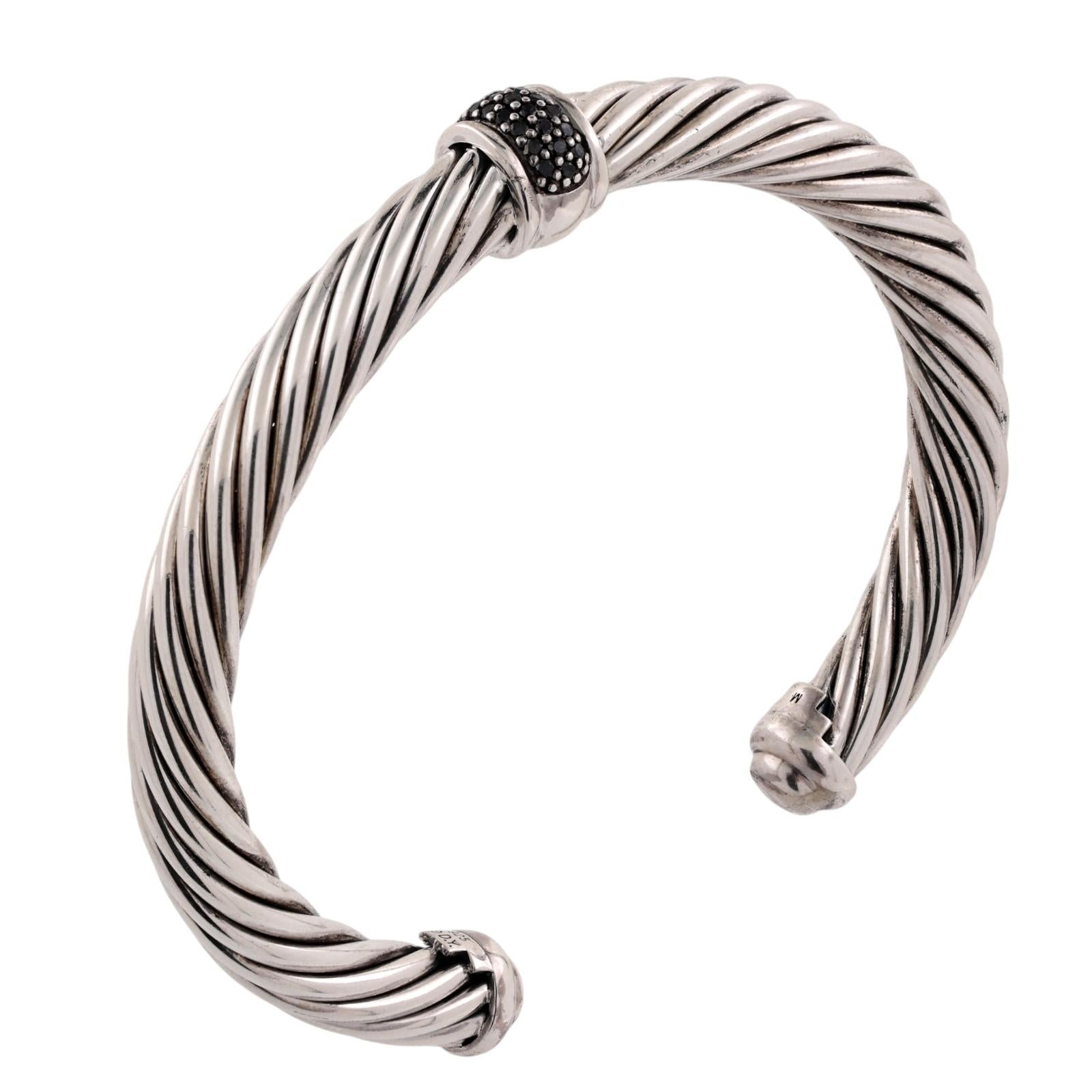 David Yurman Black Diamond Cable Classics Cuff Bracelet Sterling Silver 925 6.5"