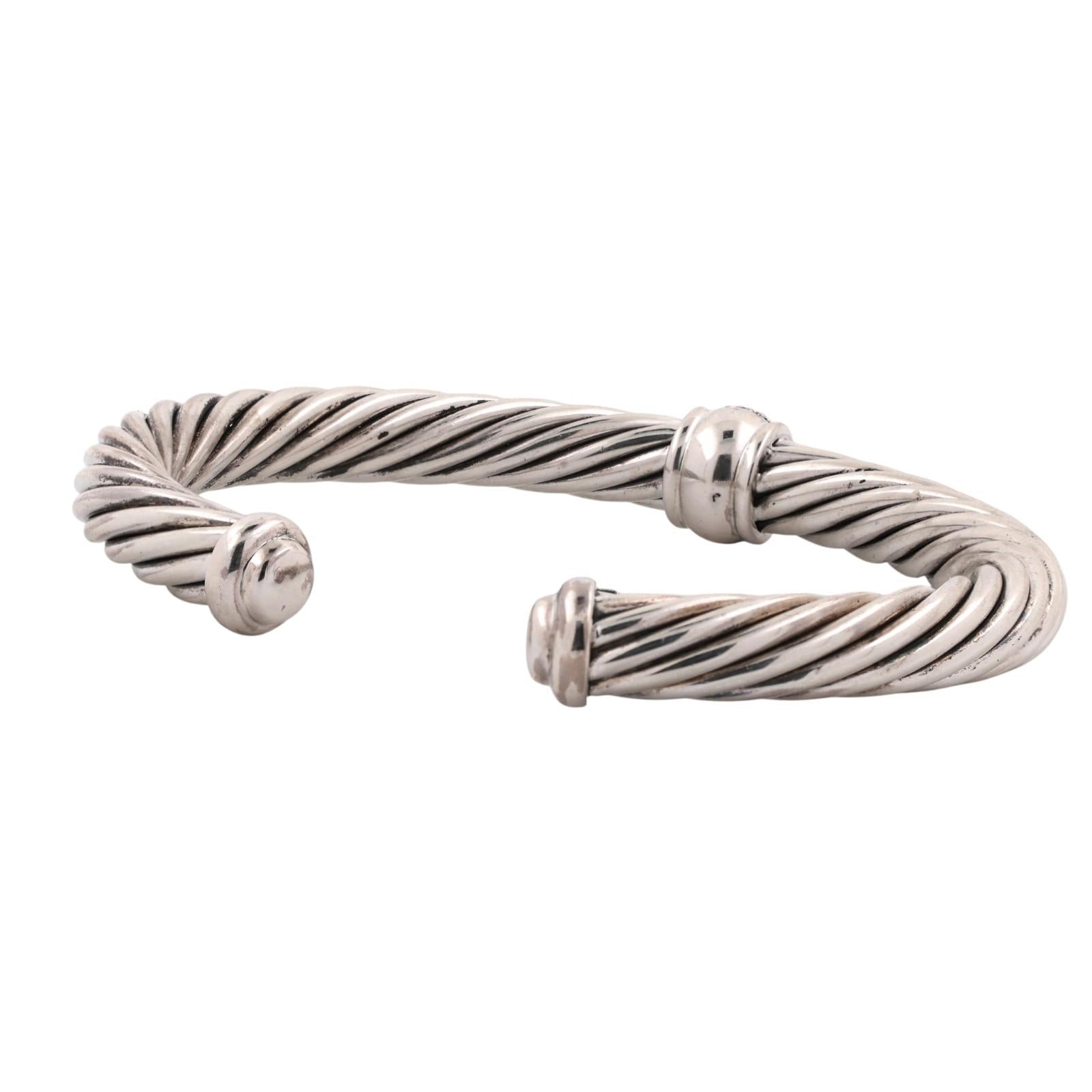 David Yurman Black Diamond Cable Classics Cuff Bracelet Sterling Silver 925 6.5"
