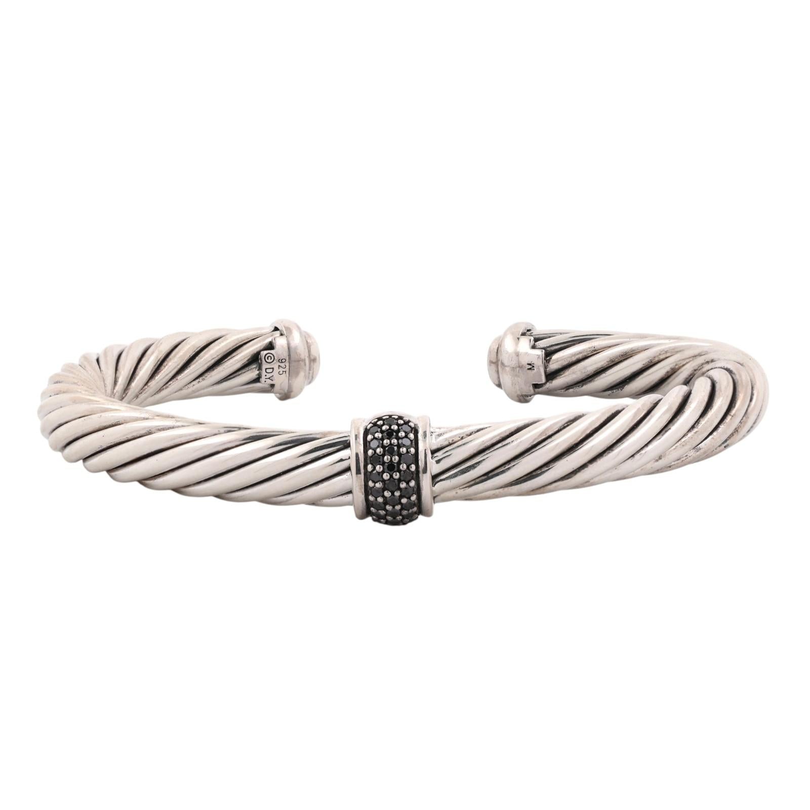 David Yurman Black Diamond Cable Classics Cuff Bracelet Sterling Silver 925 6.5"