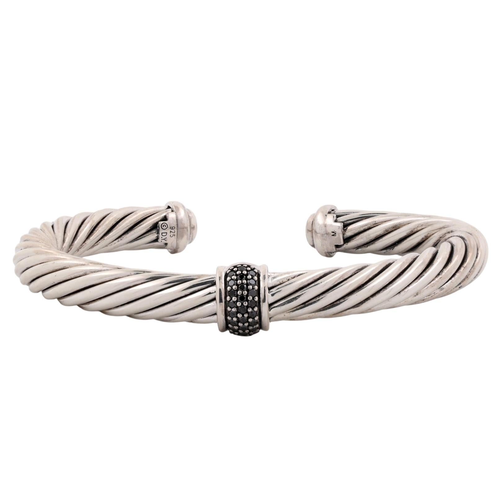 David Yurman Black Diamond Cable Classics Cuff Bracelet Sterling Silver 925 6.5"