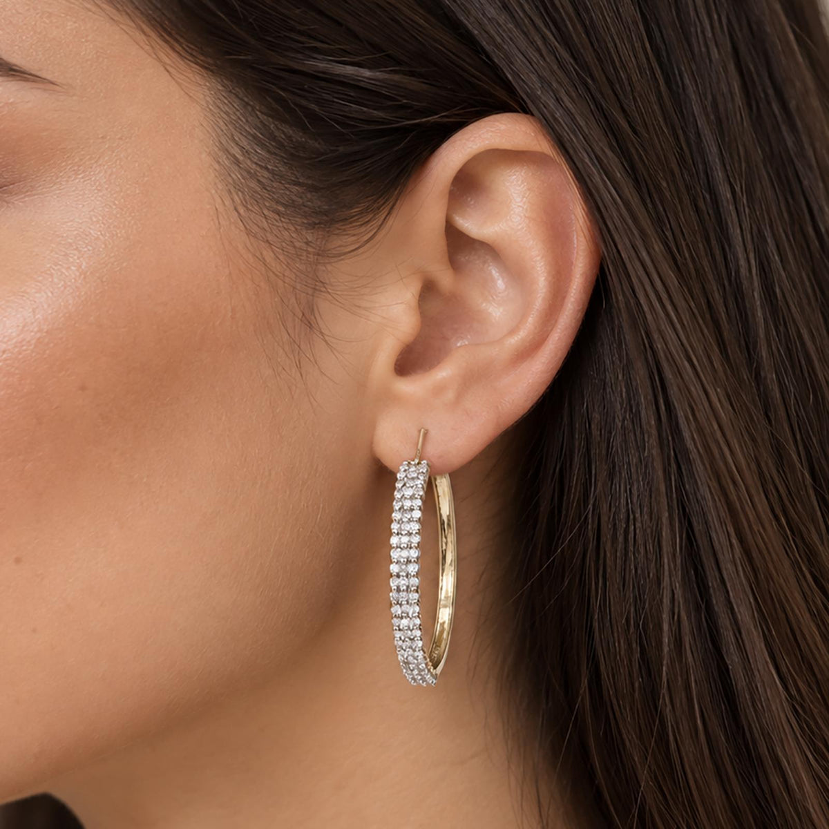 Natural Diamond 3-Row Hoop Earrings 10K Gold 1.08 CTW 1.25" JWBR