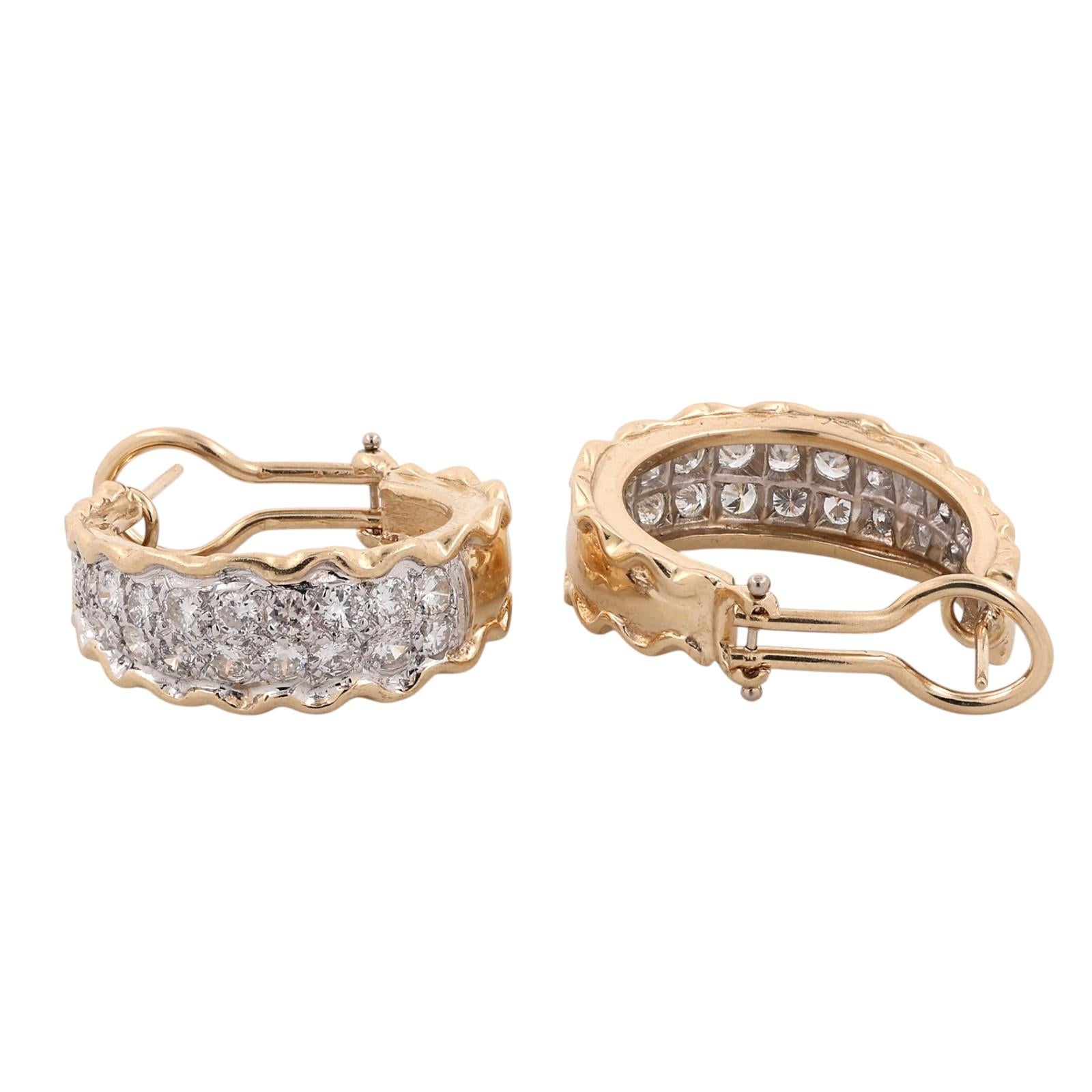 Two Tone Gold 2.15 CTW Natural Diamond Omega Back Hoop Earrings 11.2g